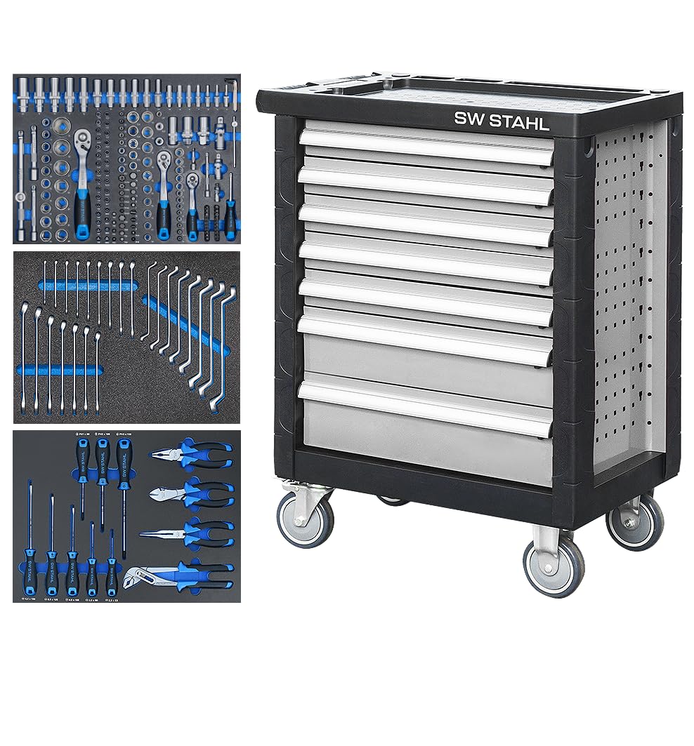 SW-Stahl Z3703 Carro de Taller con 7 Cajones y 3 Módulos DMC-LZ3 | Armario portaherramientas profesional modelo 07050L, incluye depósitos organizadores para herramientas de taller
