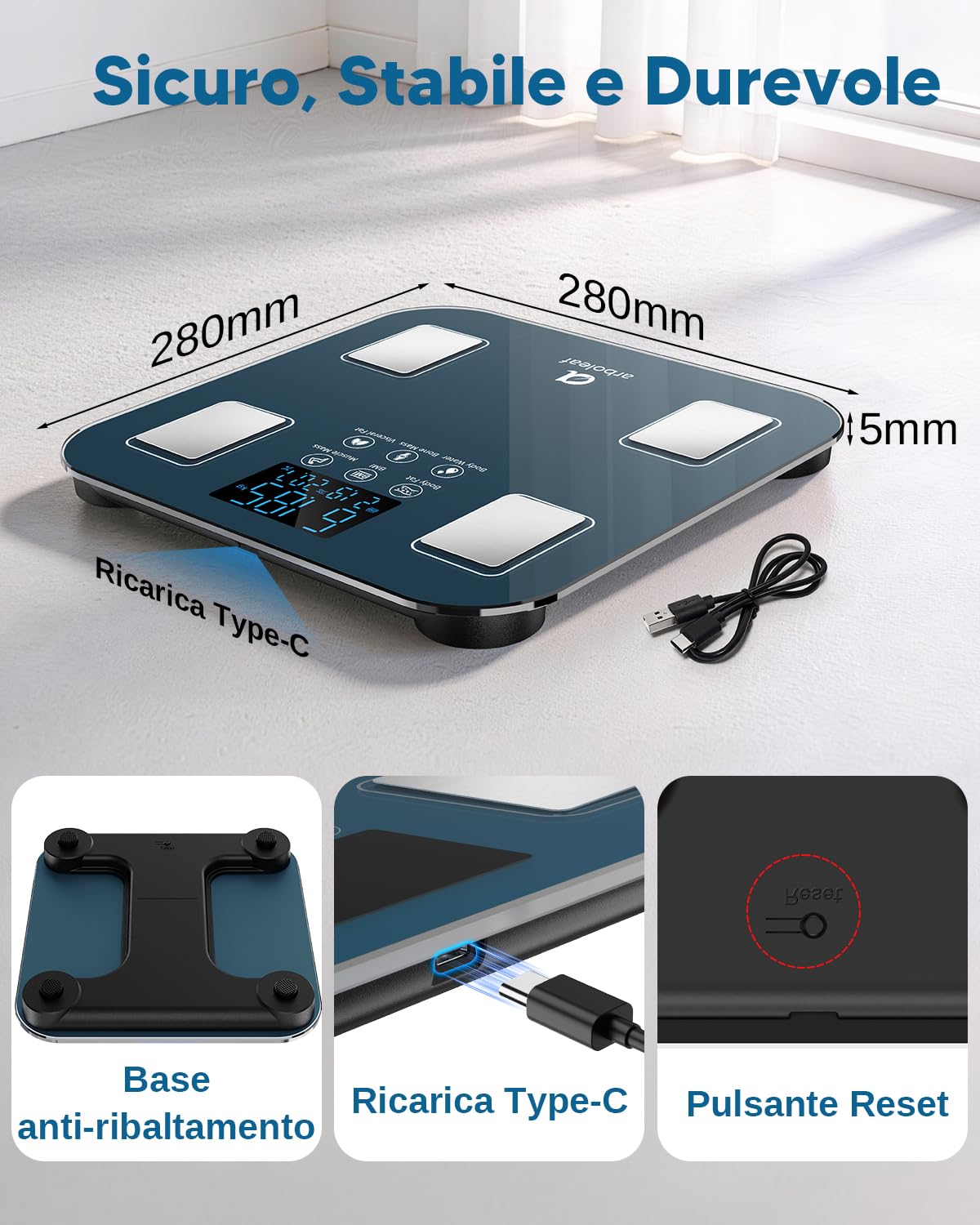arboleaf Bilancia Pesapersone Intelligente, Bilancia Composizione Corporea con APP, Bilancia Impedenziometrica Tecnologia BIA a 4 Elettrodi con 14 Parametri, Ricaricabile USB-C, Capacità 180kg