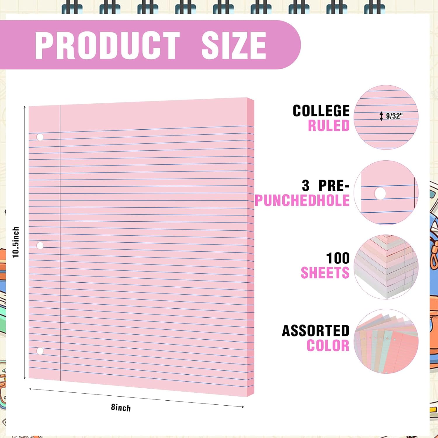 PerKoop 12 Pack 600 Sheets Colored Lined Paper Bulk College Ruled 8 x 10.5 Inches, Loose Leaf Notebook Paper 3 Hole Ring Punched Filler Back School Supplies, Line Spacing 0.7cm (Cute Color)