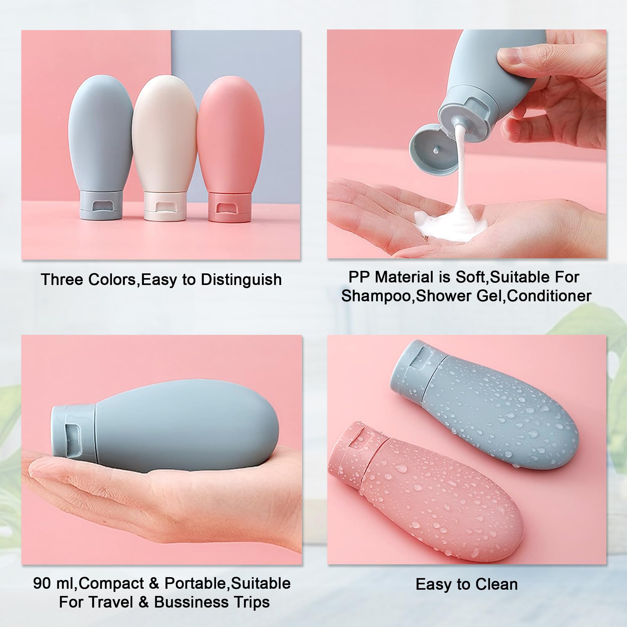GLUN® Travel Bottles Squeezer Set, Handwash, Face Lotion, Leakproof Squeezable Refillable Travel Bottles, Pack of 3 Travel Accessories for Shampoo, Lotion, Beauty Creams 2