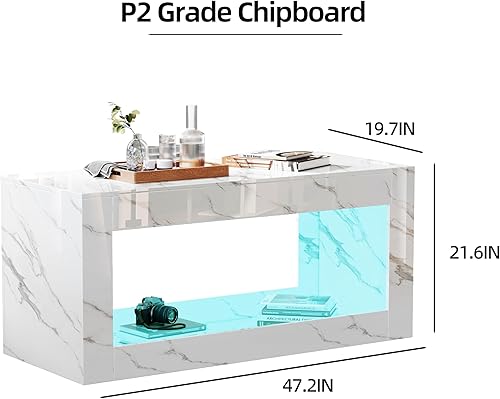 Miniatura 2 de Mesas de centro para sala de estar, moderna mesa central con estampado de mármol de alto brillo con almacenamiento abierto y luces LED, elegante