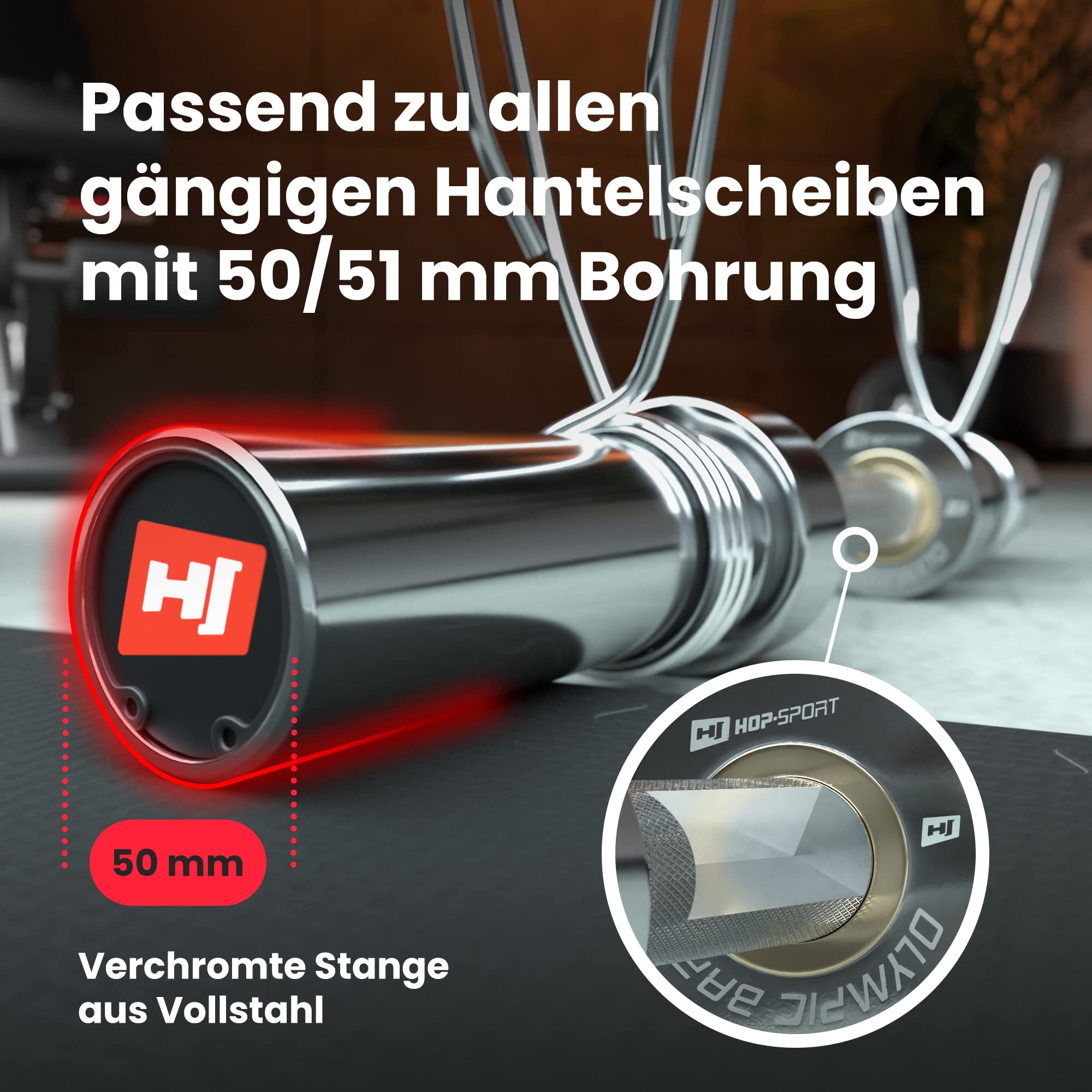 Hop-Sport Olympia Hantelstange mit Federverschlüssen, 50mm, Verchromter Stahl, Hochwertige Langhantelstange für effektives Krafttraining, 320 kg Max. Belastbarkeit