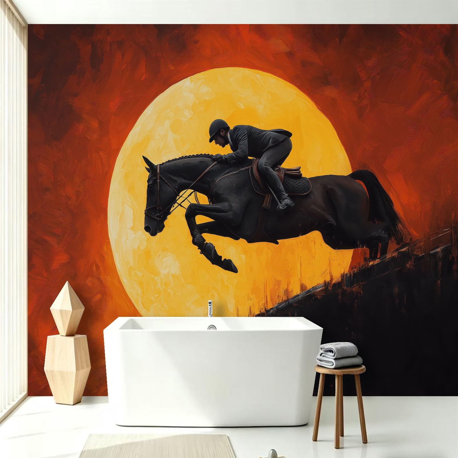 Carta da parati fotografica moderna con cavallo nero cavaliere luna, 200 x 140 cm, carta da parati in tessuto non tessuto, carta da parati da parete XXL, per ufficio, studio, palestra, rosso