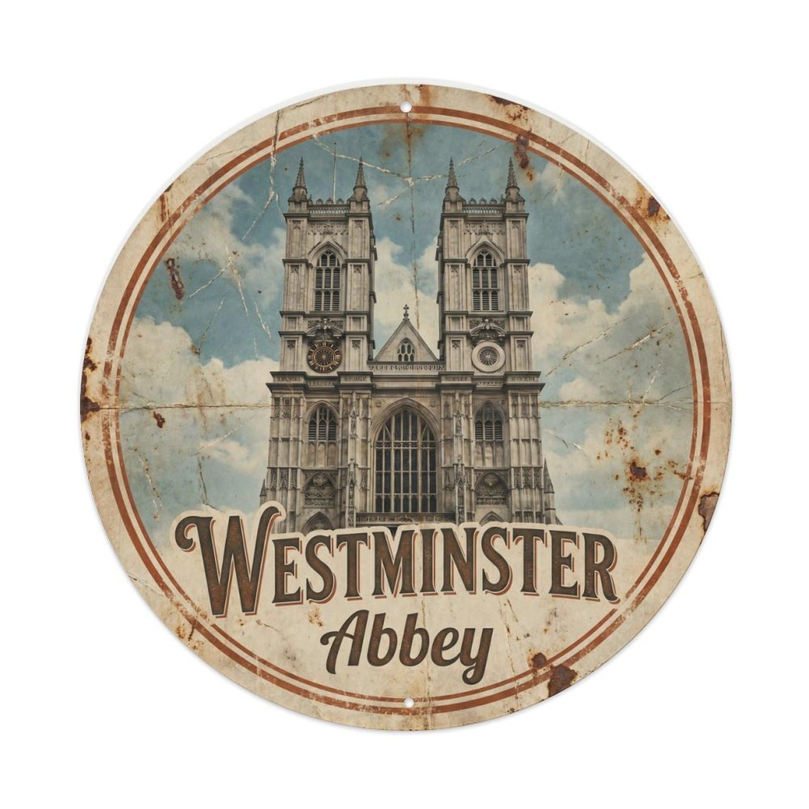 Vintage Travel Westminster Abbey London Metal Tin Sign Plaque Wall Decor for Cafe, Club Bar, Office, Home Garden Round Metal Poster 8x8Inch
