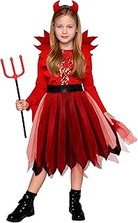 Spooktacular Creations Girl Devil Costume, Devil Costume Dress with Demon Horn Headband for Halloween Dress Up Parties-S