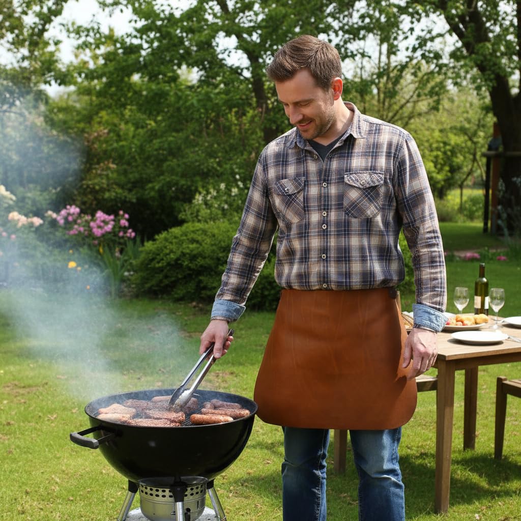 Extra starke Lederschürze | Bundschürze, Schurzfell in cognac braun | Zur Verwendung als Grillschürze, Zapferschürze, Gartenschürze - Echt Leder