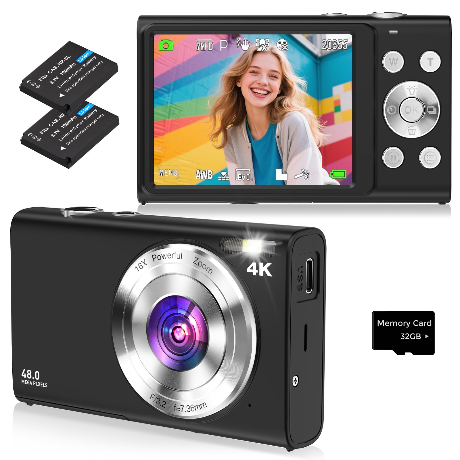 Aparat fotograficzny, 4K Autofokus Fotoaparat z kartą SD 32 GB HD 48MP z 2,8-calowym dużym ekranem, 16-krotny zoom cyfrowy, kompaktowa mini kamera przenośna dla dorosłych, początkujących (czarny)