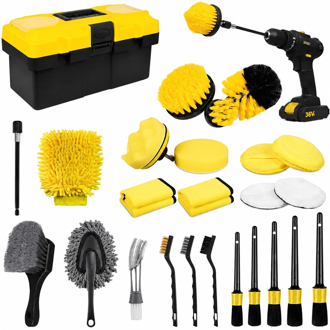 27-teilig Auto Reinigungsset, Autowaschbürste Bohrmaschine, Detailing Set für Innen & Außen, Autopflege Set komplett, Gelb