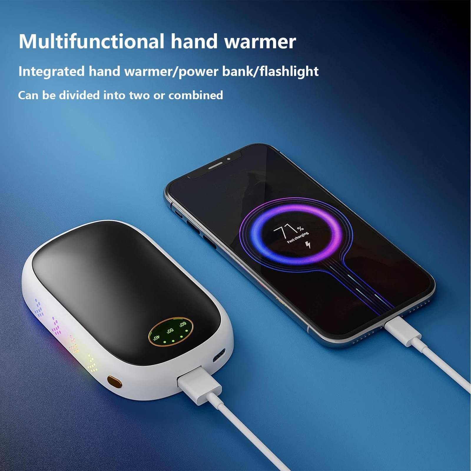 2 Confezioni di scaldamani riutilizzabili da 10000 mAh, scaldamani elettrici con 3 modalità di Riscaldamento con Luce Colorata per respirazione/Torcia elettrica, Regali per Uomini,