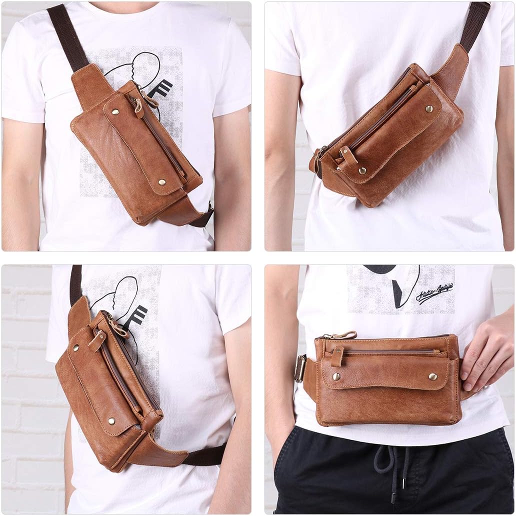 Unisex Slim Fanny Pack, Genuine Leather Waist Bag Bum Bag with Adjustable Strap, Vintage Chest Pack for Travel Running Hiking Climbing Daily Use - Image 5