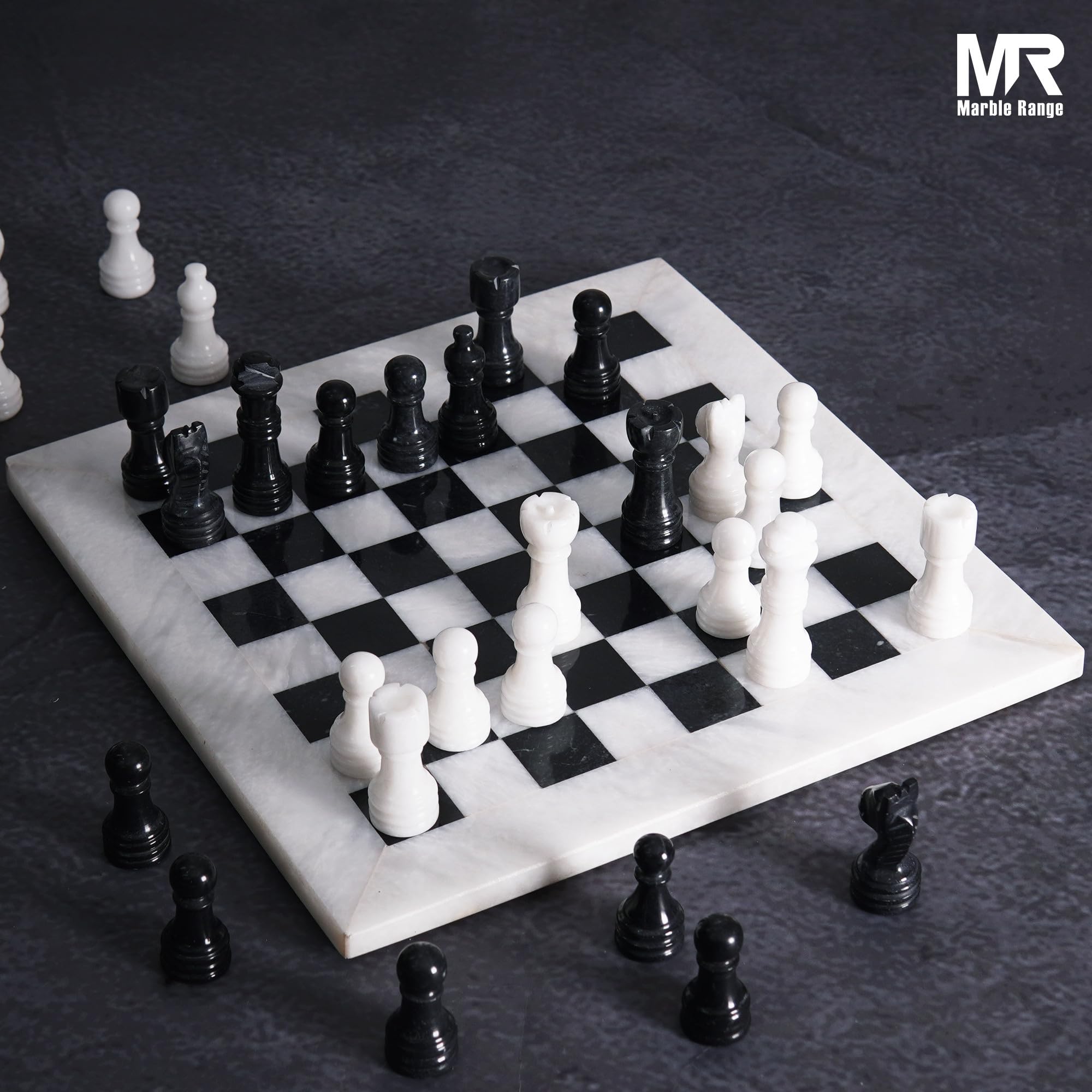 Jeu d'échecs en marbre fait à la main 25,4 cm, 32 pièces + 2 reines, boîte de rangement, voyage, cadeau élégant pour décoration