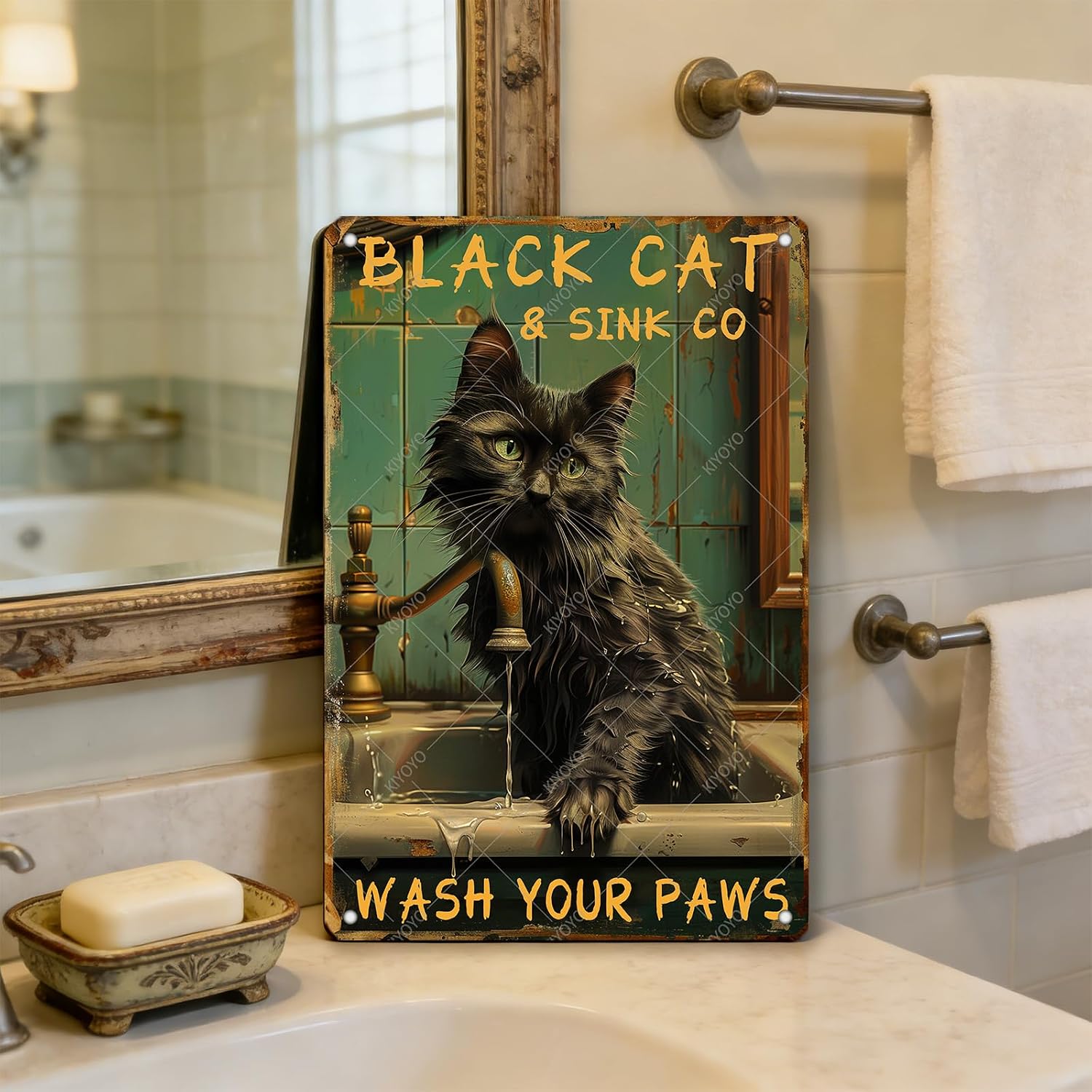 Black Cat Sign Vintage Tin Sign Black Cat Wash Your Paws for Bedroom Bathroom Home Decor 12x8 Inch image 5