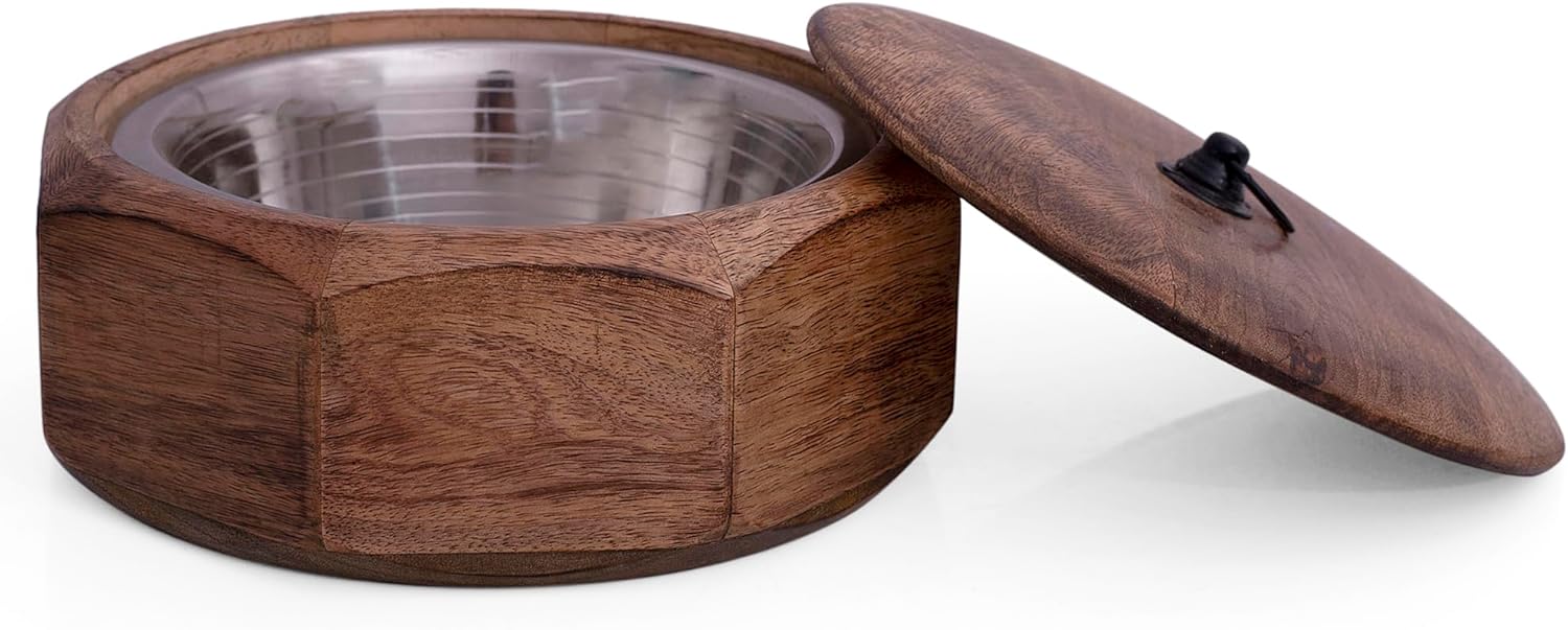 Handcrafted Wooden Mexican Tortilla Warmer Basket Indian Chapati Roti Bread Holder Box Pancake Keeper Serveware Hot Pot Casserole Dish With Lid Home Kitchen Dining Decor, Natural Brown, 9 x 3.5 Inches