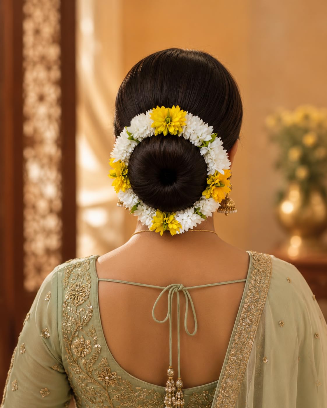 Women's Yellow & White Artificial Flower Hair Gajra | Fabric Floral Juda Gajra for Bun & Braid Hairstyle | Reusable Traditional Bridal Hair Accessory for Wedding, Festival & Ethnic Wear image 2