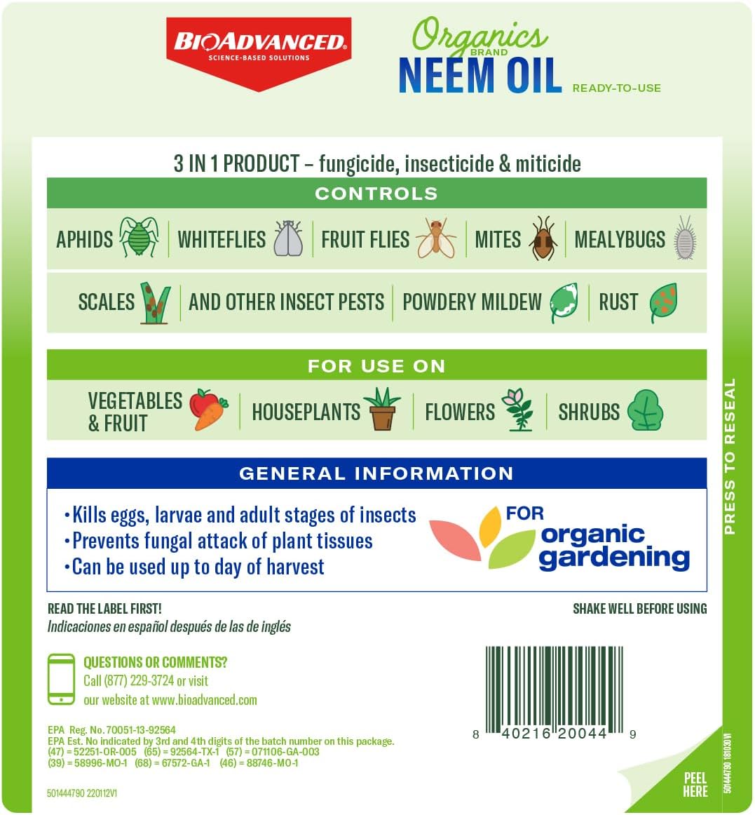 BioAdvanced Organics Brand Neem Oil, Ready-to-Use, 1 Gal, Neem Oil for Plants