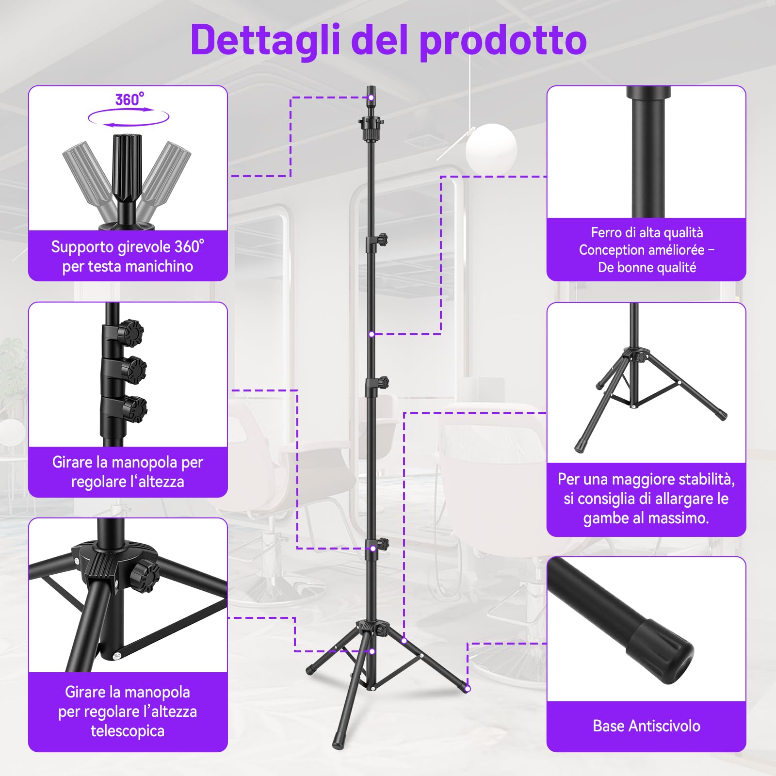 TwoWin Supporto per Testa di Manichino Regolabile 59-140 cm, 23,2-55 pollici Treppiede Regolabile, Supporto per Parrucche per Cosmetologia Parrucchiere Formazione