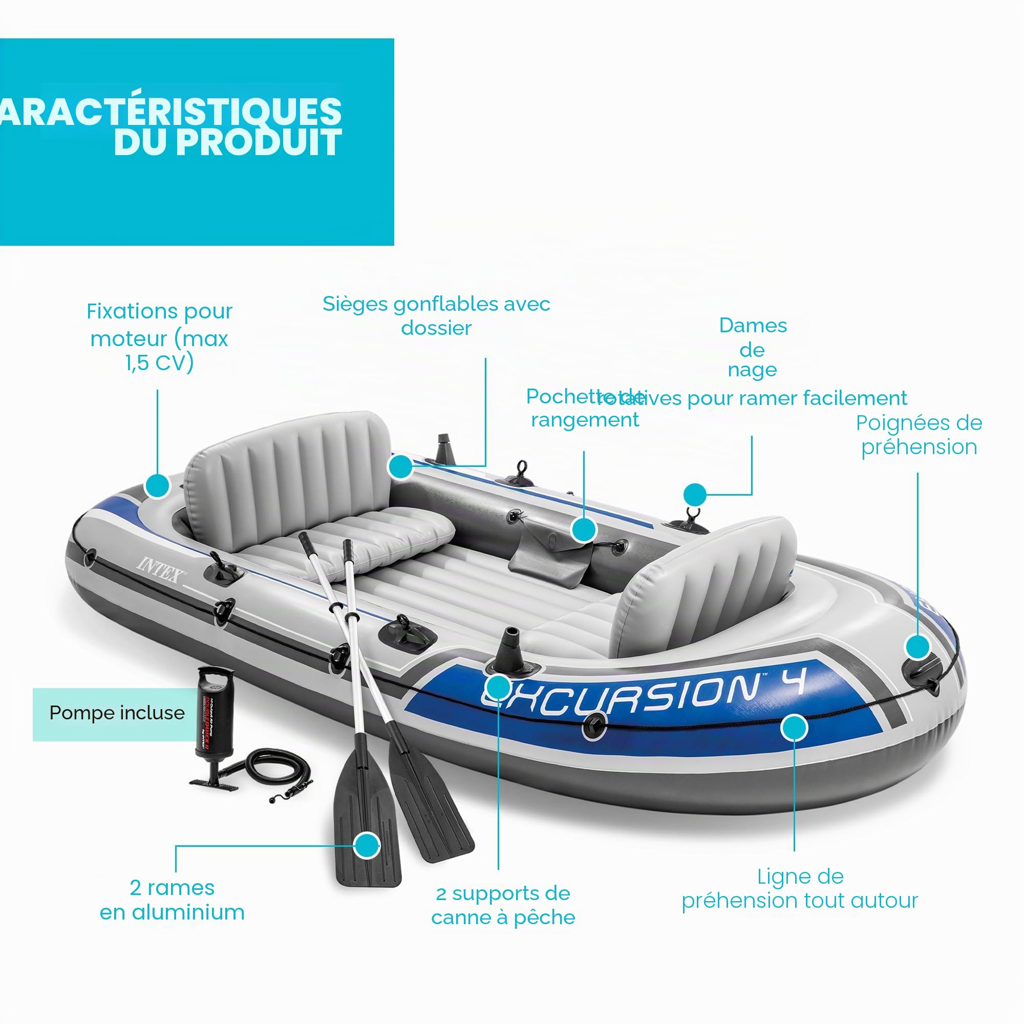 Intex Excursion 4 Bateau gonflable pour 4 personnes avec rames en aluminium et pompe à air à haut rendement