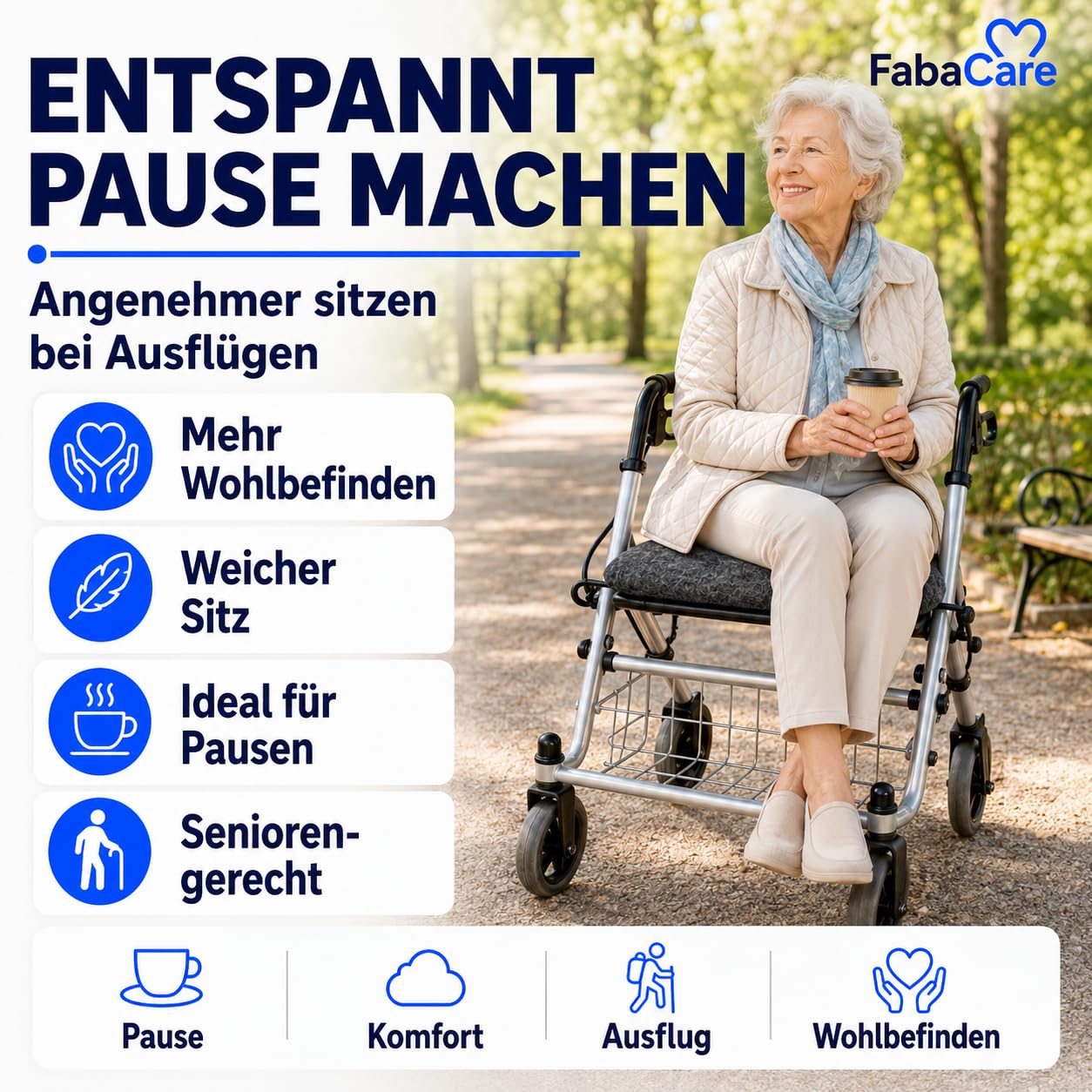 FabaCare Rollator Sitzpolster 40x20 cm Anthrazit | 100 % Schurwolle-Sitzkissen mit 2 Befestigungsbändern, Schaumstoffkern, atmungsaktiv, bequem & bei 30 °C waschbar
