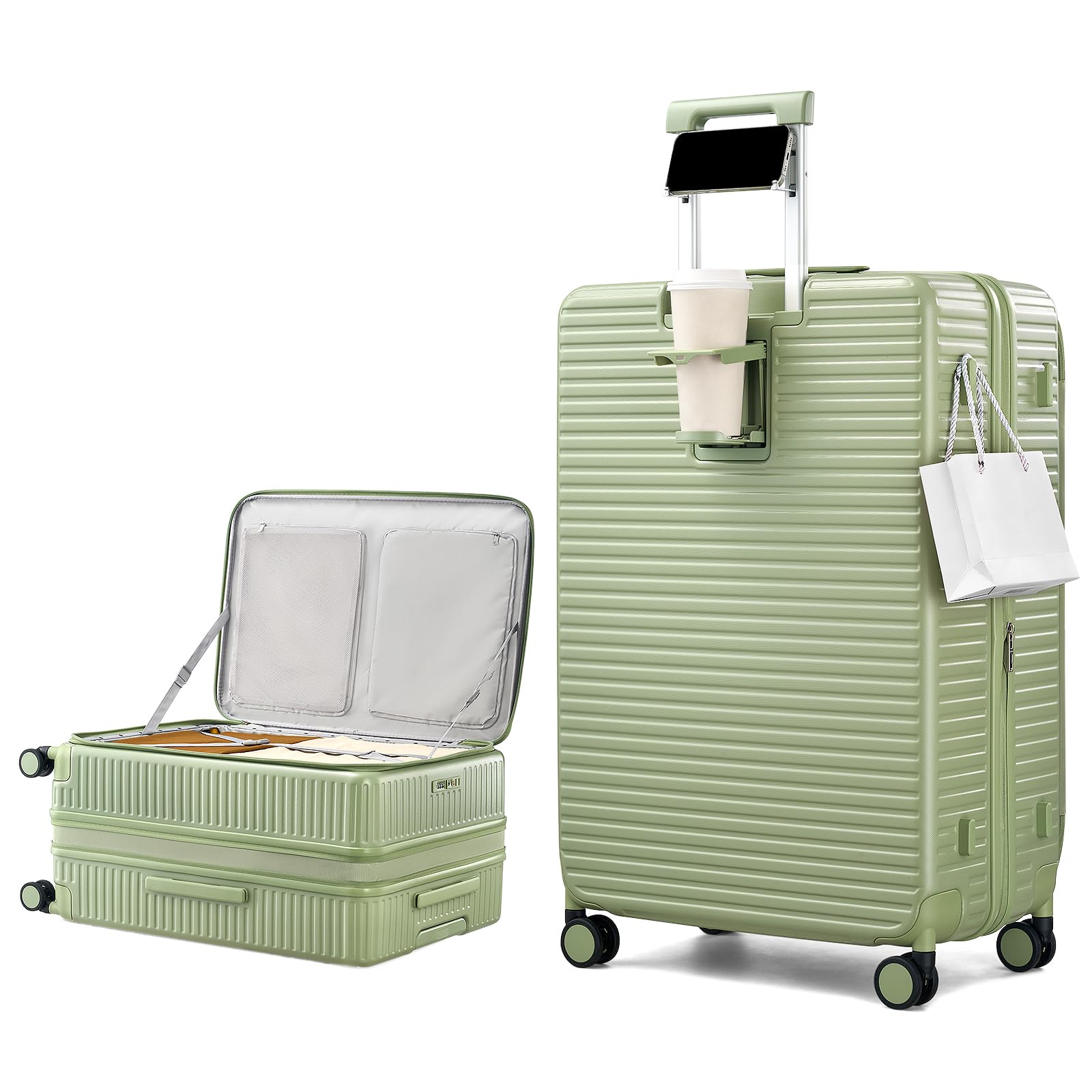 HanTrip Hard Shell Suitcases 28 Inch Large Checked Luggage with Spinner Wheels Cup Holder, Expandable Check in Luggage Lightweight Top Opening Luggage Big Rolling Suitcase with Lock, Bamboo Green