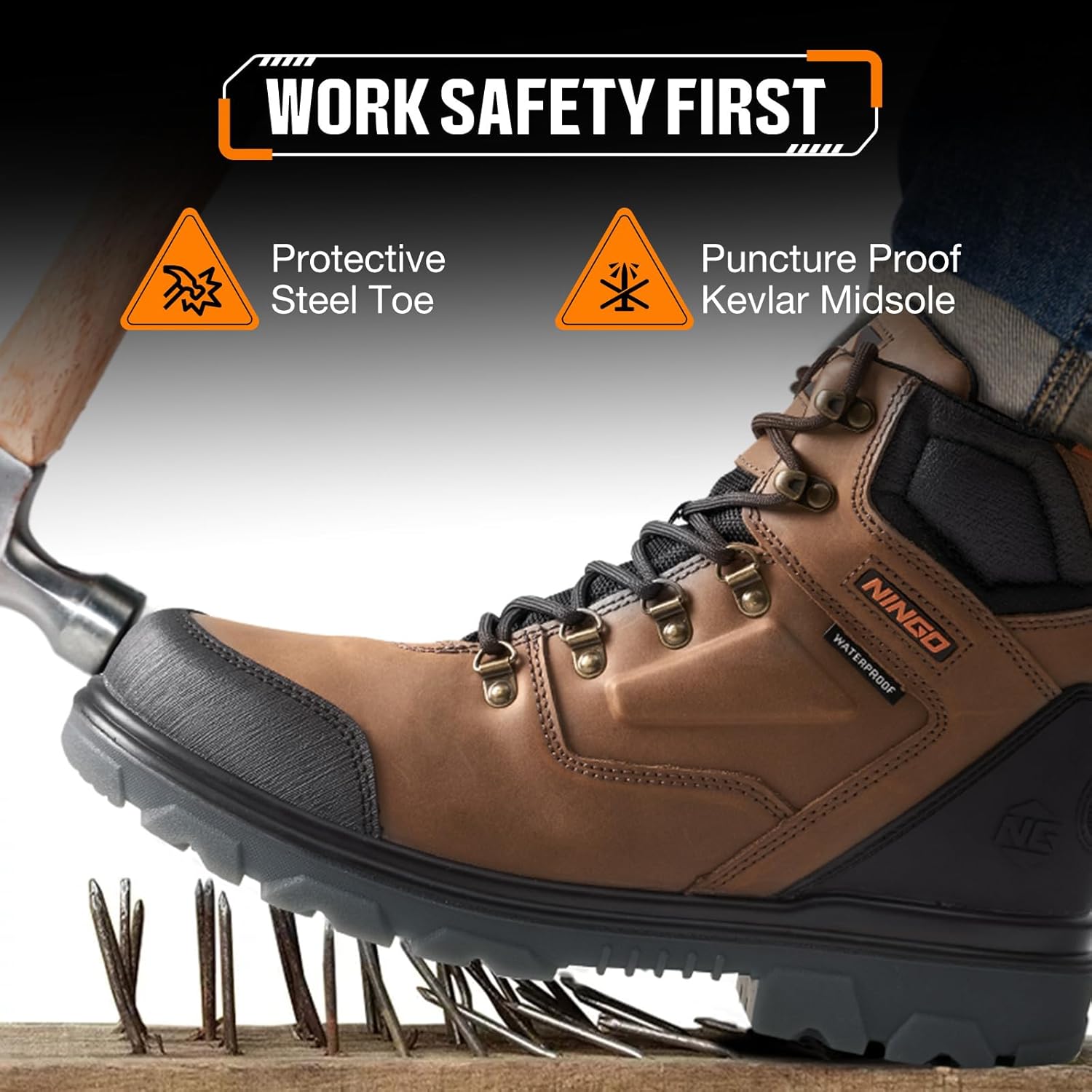 NINGO Mens Steel Toe Work Boots, Waterproof Heavy-Duty Safety Boots with Puncture Protection Oil & Slip Resistant, Steel Toe Work Shoes with Breathable Lining EH Protection for Construction Industrial - Image 4