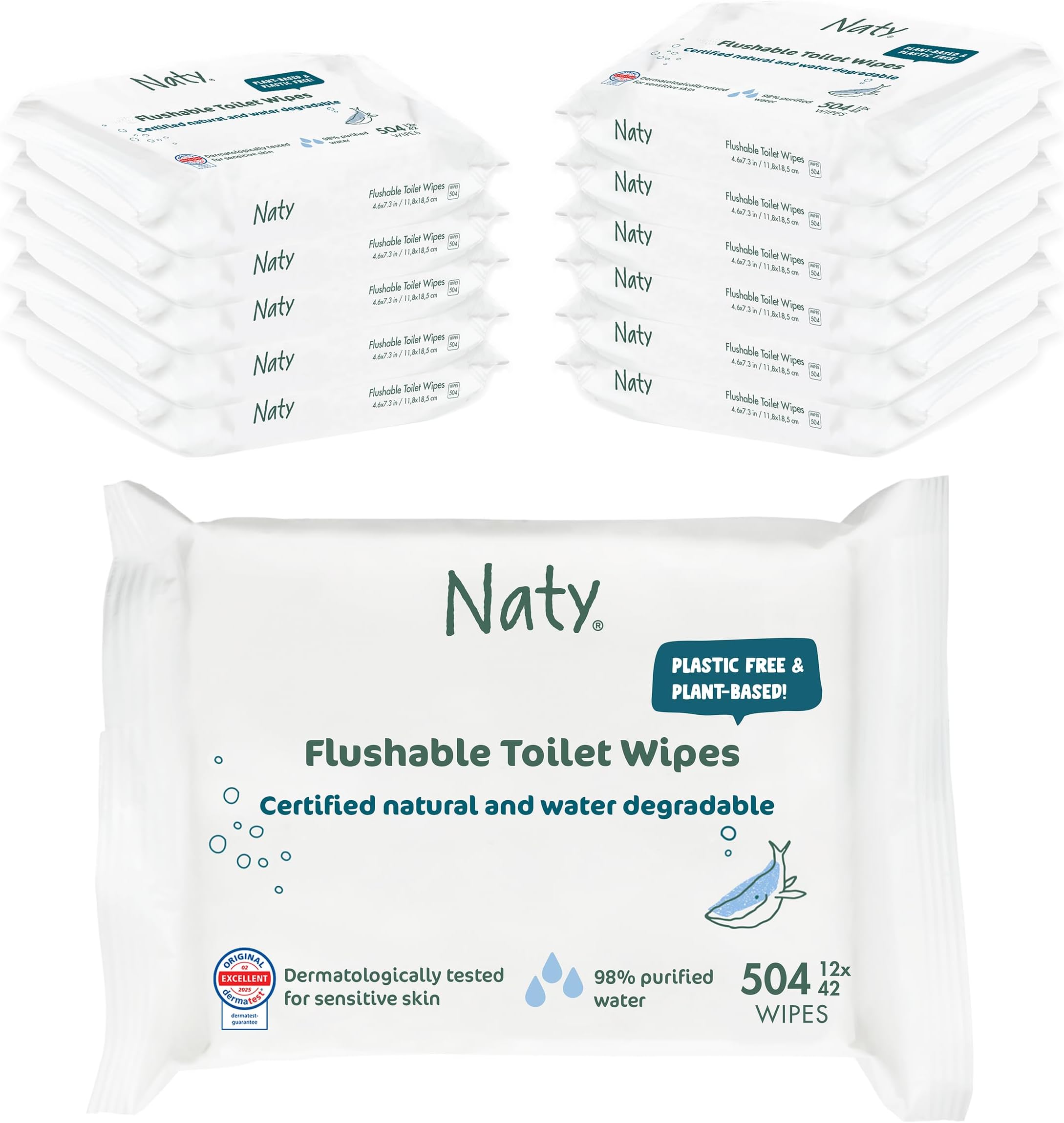 Flushable Baby Wipes | 98% Water & Natural for Sensitive Skin | Unscented, Plant-Based, Fragrance-Free | Plastic-Free & Compostable | Newborn & Toddler Gentle Wet Wipes | 504 Count (12 Packs)