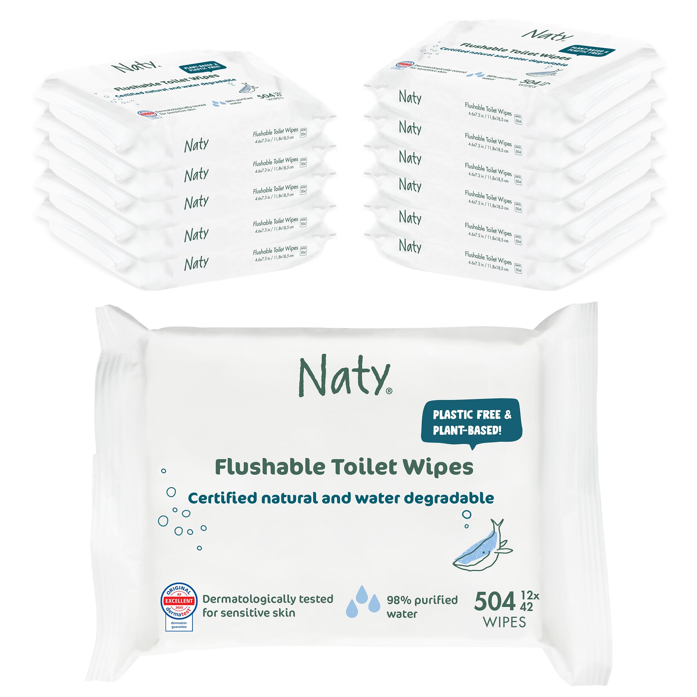 Flushable Toddler & Baby Wet Wipes | Plant-Based, 98% purified Water for Sensitive Skin | Natural Potty Training Wipes | Water-Degradable, Plastic-Free & Fragrance-Free | 504 Count (12 Packs)