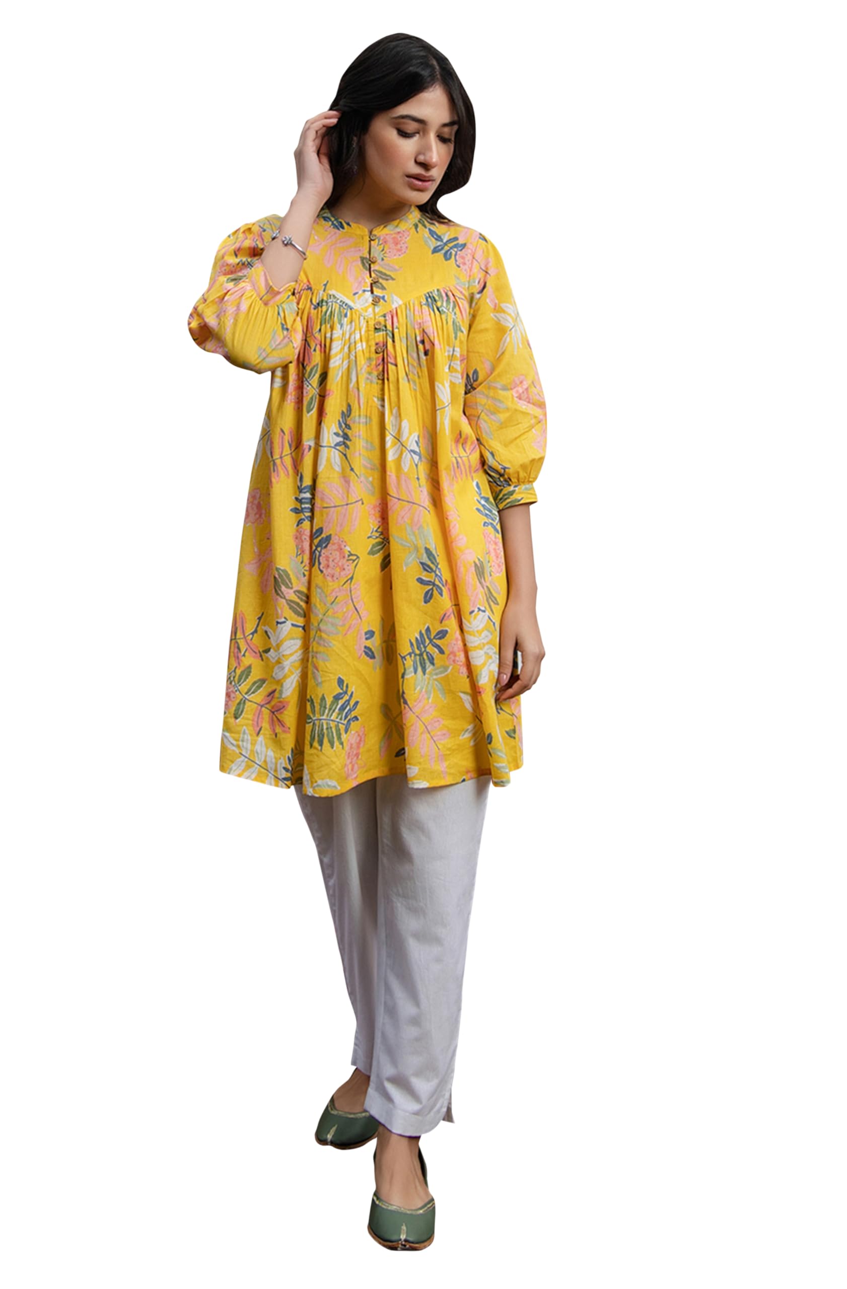 Janasya Women's Pure Cotton Trophical Gathered Tunic in neutral
