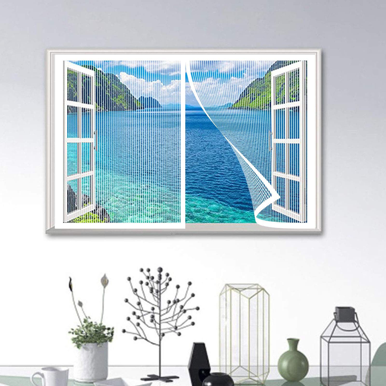 Moustiquaire Fenêtre Magnétique, Automatiquementfermé, Moustiquaire Porte sans Percer pour Couloirs, Blanc, (47x47inch)120x120cm