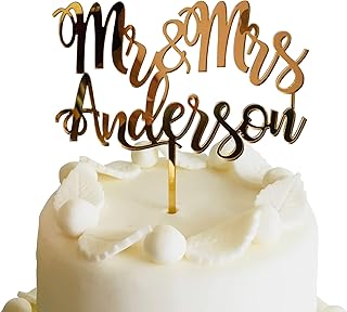 Personalised Wedding Cake Topper Custom Mr and Mrs Last Family Name Calligraphy Wood Gold Mirrored Acrylic Table Centerpiece Sticks Customized Cupcake Decoration Bride and Groom Cake Toppers on Sticks