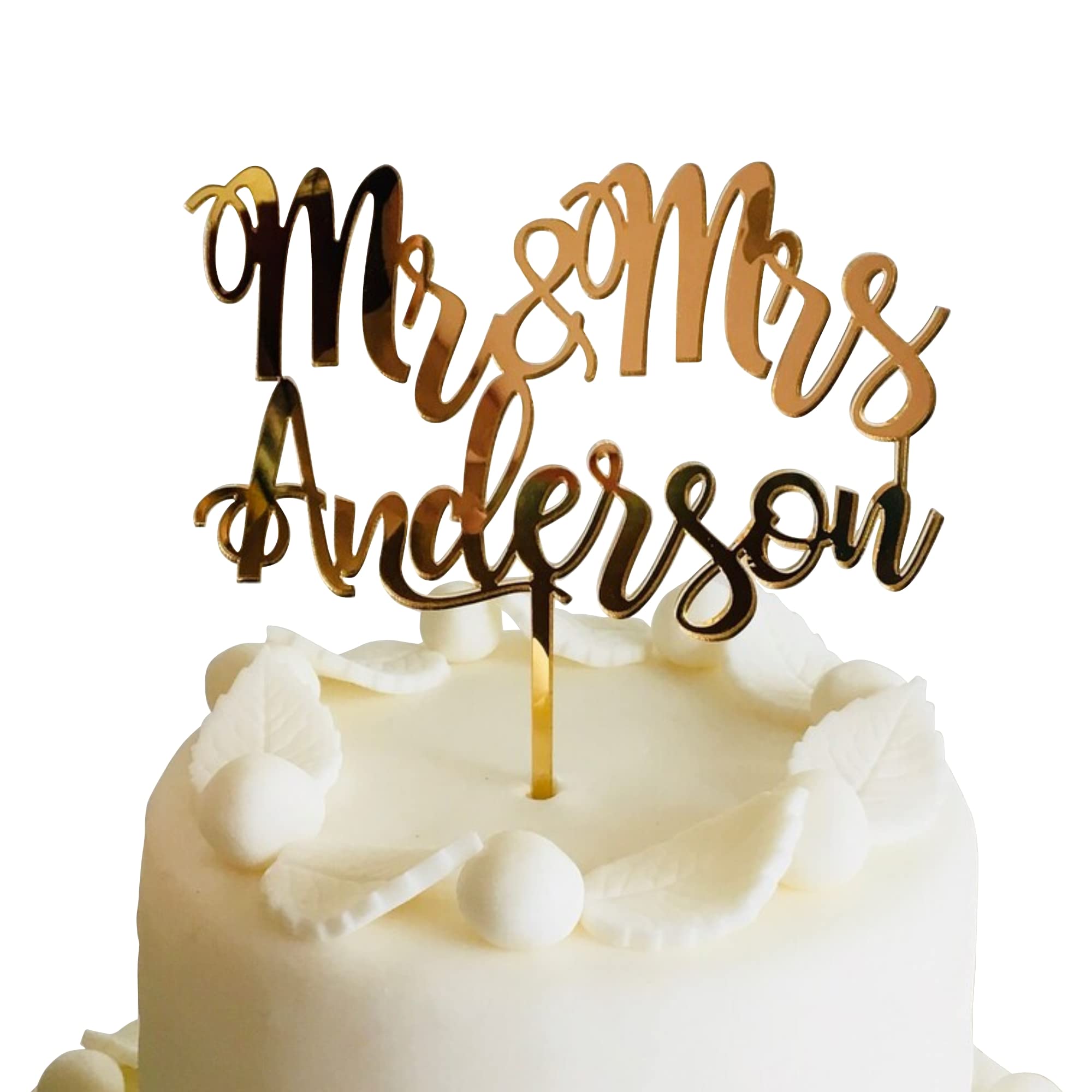 Personalised Wedding Cake Topper Custom Mr and Mrs Last Family Name Calligraphy Wood Gold Mirrored Acrylic Table Centerpiece Sticks Customized Cupcake Decoration Bride and Groom Cake Toppers on Sticks