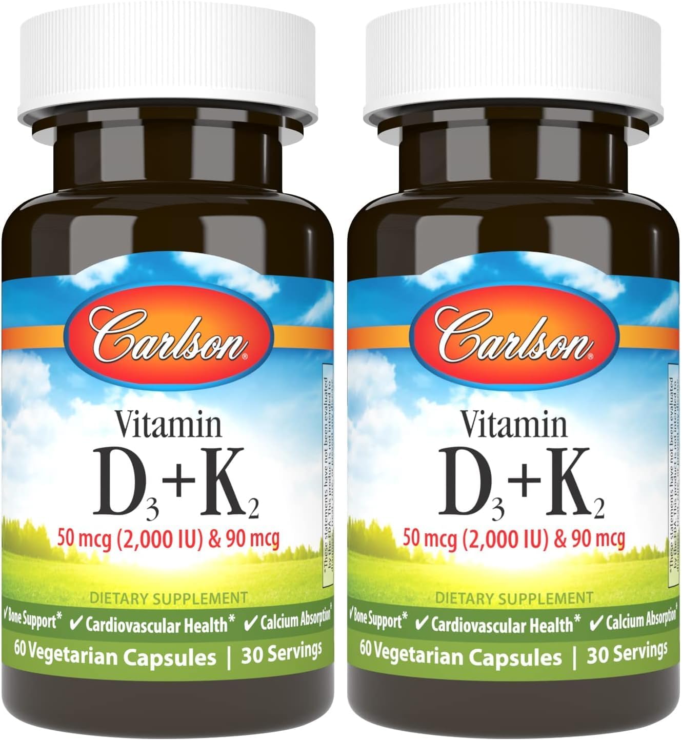 Carlson - Vitamin D3 + K2, 50 mcg (2000 IU) Vitamin D3 & 90 mcg Vitamin K2 as MK7, Bone Support, Calcium Absorption, 60 Capsules (Pack of 2)