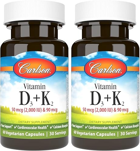 Vista 15 de Carlson - Vitamina D3 + K2, 50 mcg (2000 UI) Vitamina D3 y 90 mcg de vitamina K2 como MK7, soporte óseo, absorción de calcio, 60 cápsulas