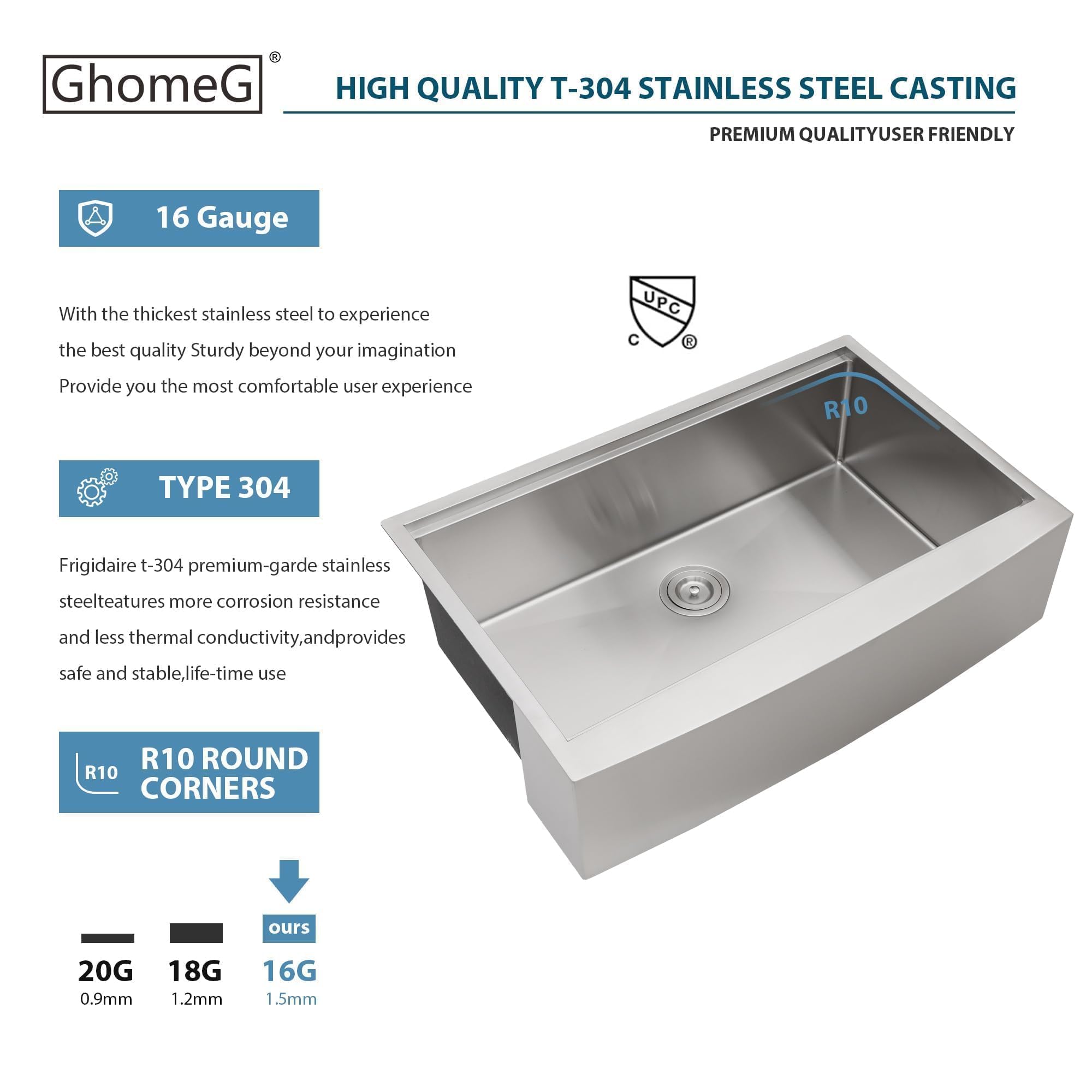 Lordear Farmhouse Kitchen Sink - 33 Inch Farm House Kitchen Sink Apron Front Ledge Workstation Deep Single Bowl 16 Gauge Stainless Steel Kitchen Farm - View #3