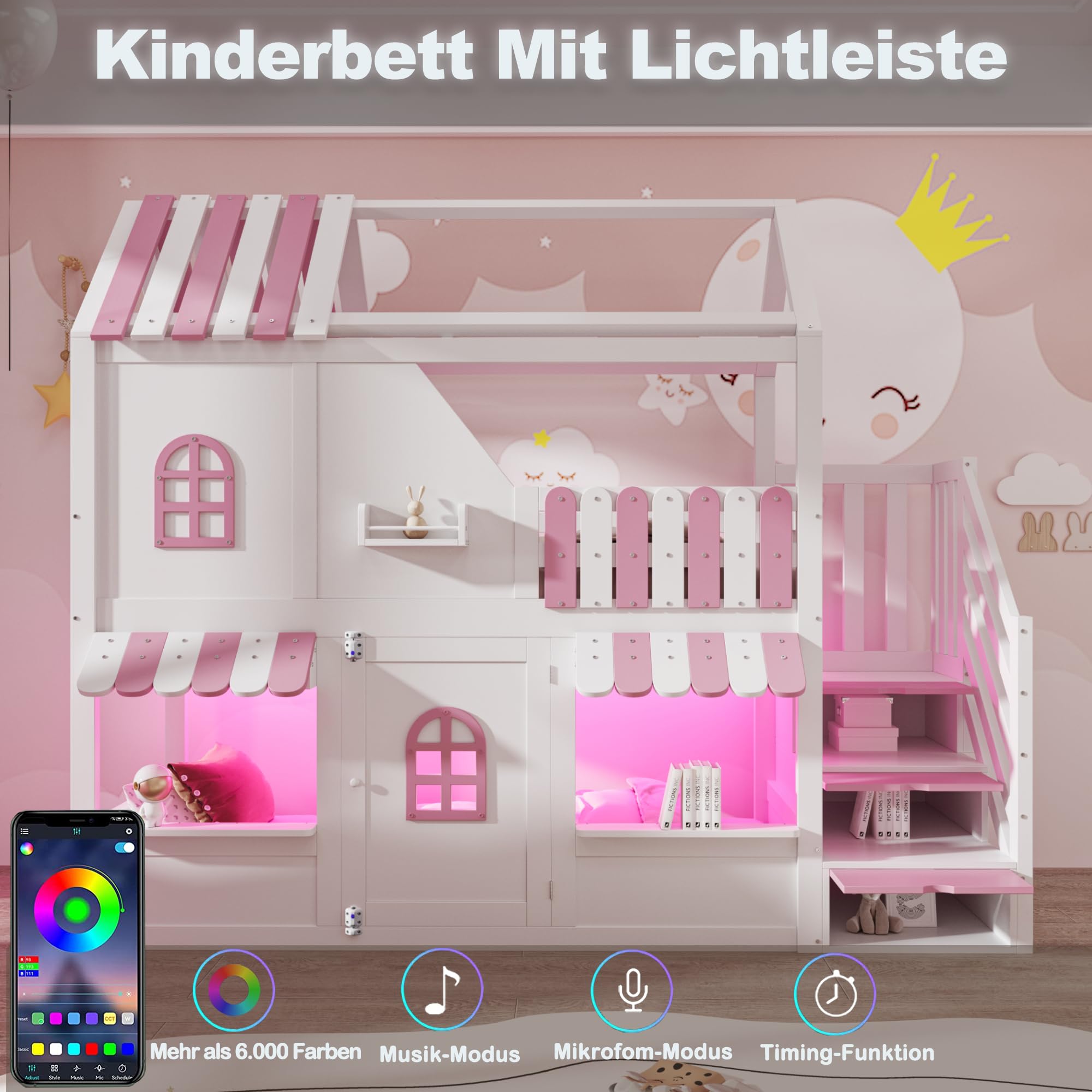 Kinder Etagenbett 90x200 cm, Hausförmiges Design mit Dach, Fenstern und Tür, Stauraumtreppe, LE/D Rendering und Regalen, Sichere Geländer und Holzgestell, ohne Matratze (Weiß + Rosa)