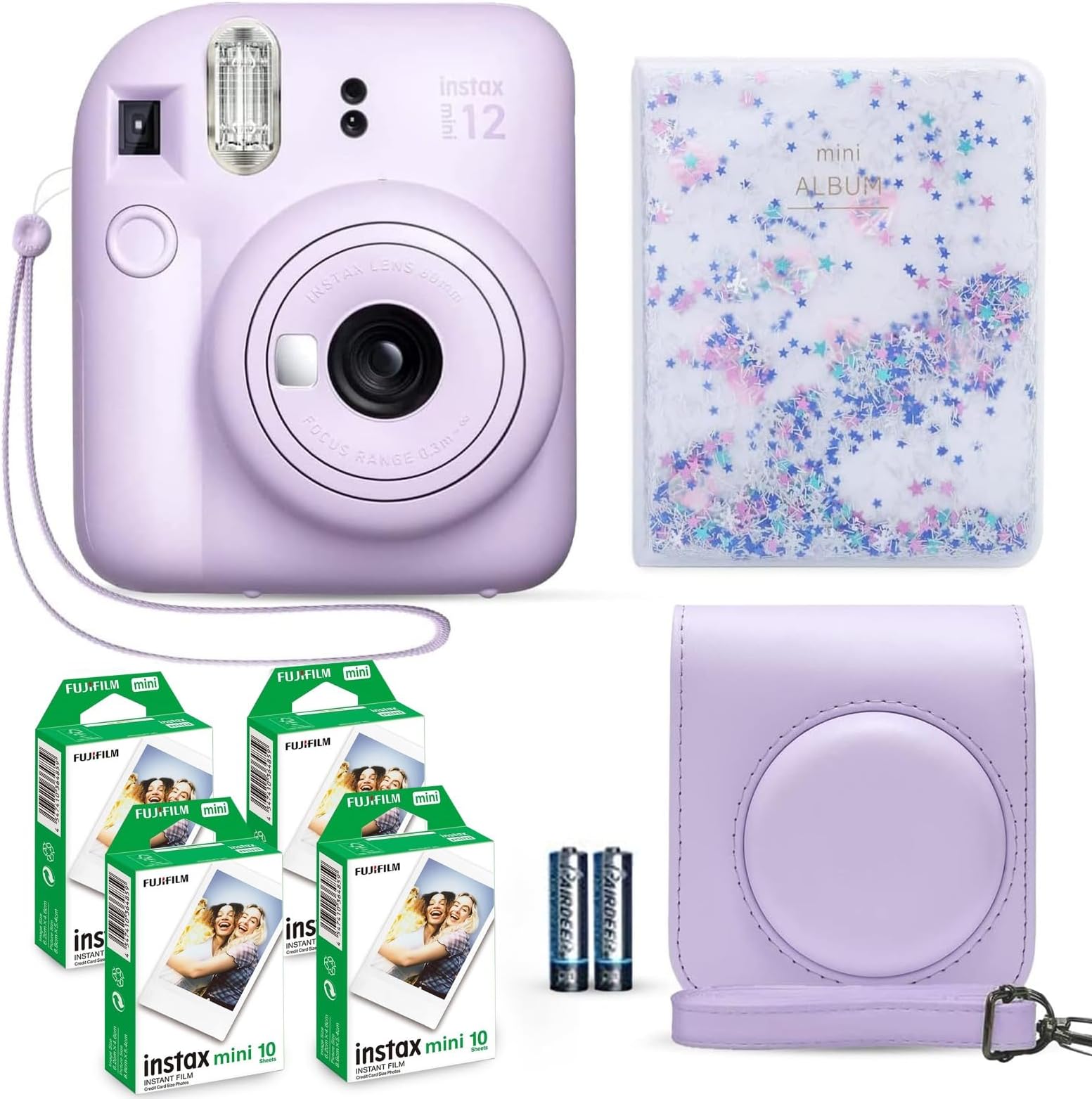 Instax Mini 12 Instant Camera Lilac Purple + Fuji Film Value Pack (40 Sheets) + Shutter Accessories Bundle, Incl. Compatible Carrying Case, Quicksand Beads Photo Album 64 Pockets