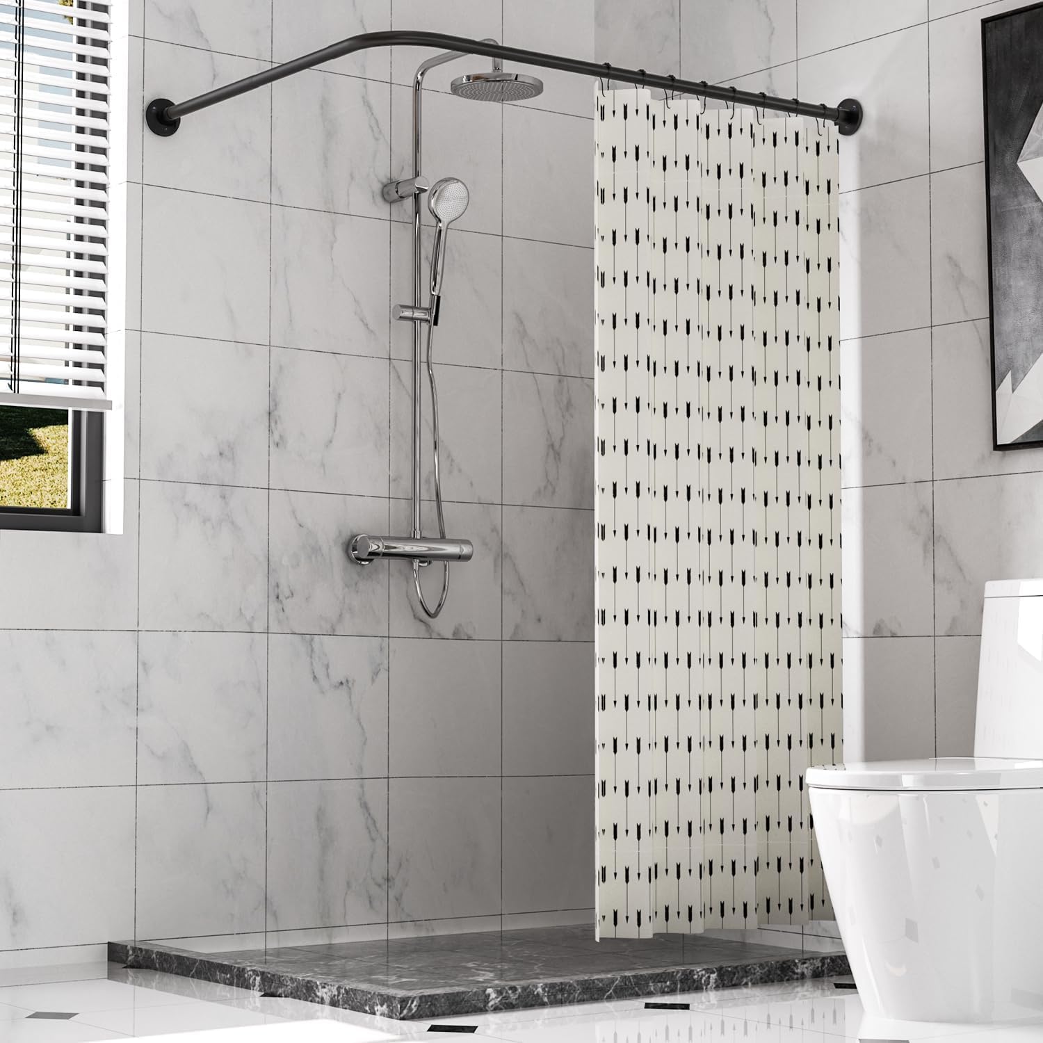 Corner Shower Curtain Rod, Adjustable (24"-53"x24"-53"), Black L Shaped Shower Curtain Rod, Genuine Stainless Steel, Unsagging, Drill-Free, 90° Corner Design, Includes 12 Shower Curtain Rings