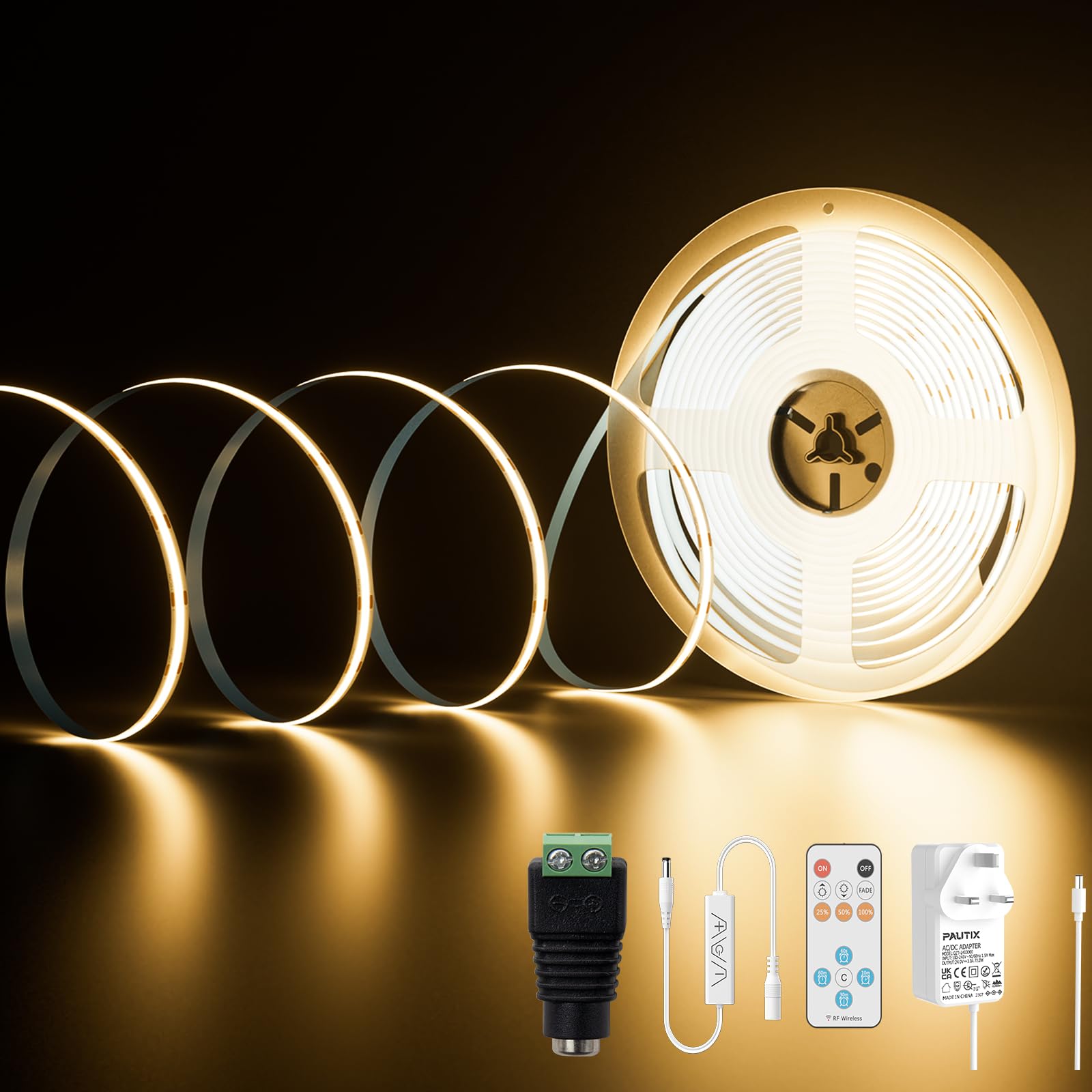 PAUTIX COB LED Strip Warm White 3000K, 10M 4800LEDs 24V CRI90+ Dimmable Bright COB Light Strip Kit with 13 Keys RF Remote and 24V Power Supply COB LED Lights for Bedroom Kitchen Home DIY Projects