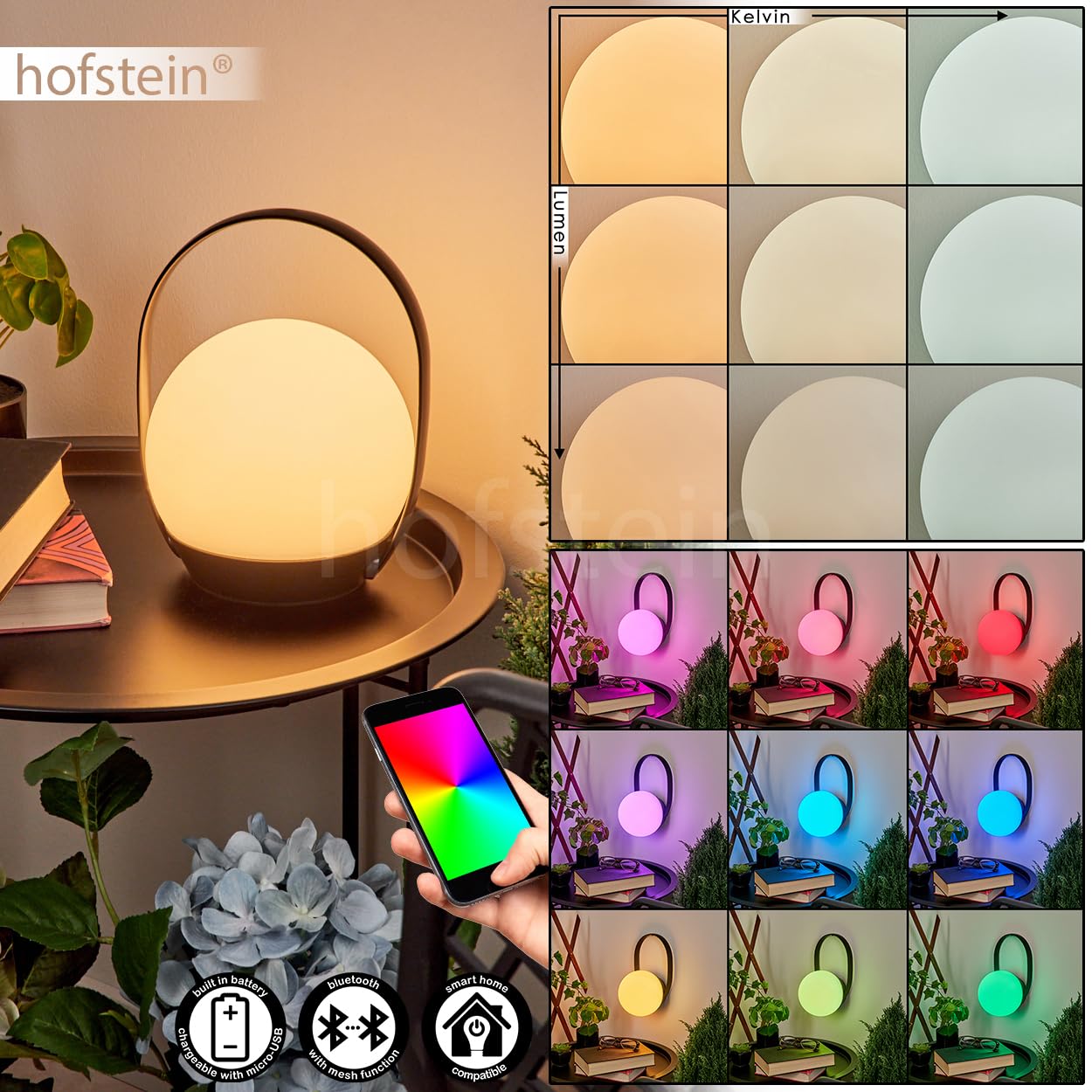 Lampada da tavolo a LED per esterni Fair, rotonda in plastica in bianco/nero, con telecomando/app control, connessione USB, funzione di ricarica,colore RGB, Bluetooth, compatibile con smart home