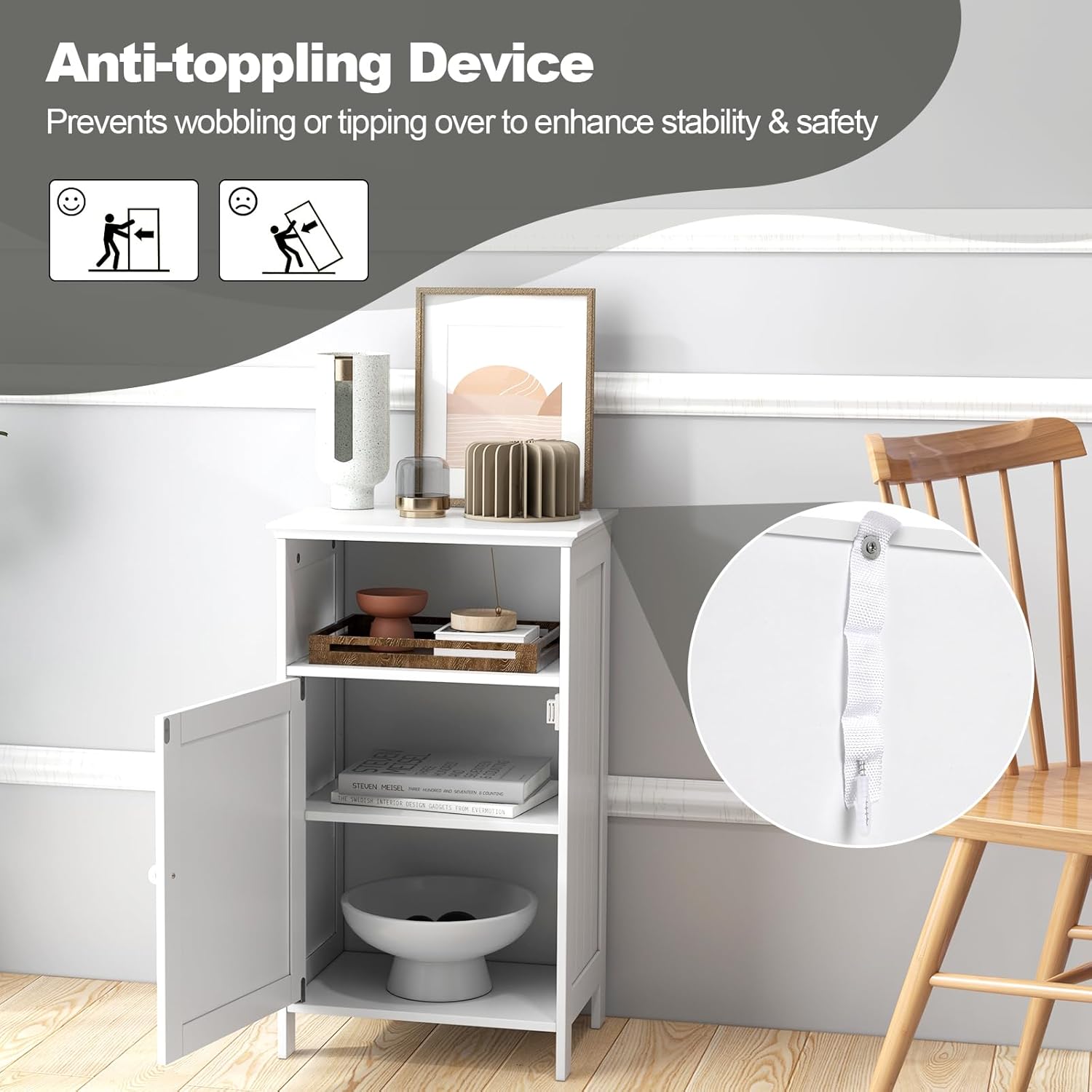 LDAILY Bathroom Cabinet, Freestanding Small Cabinet with Door, 3-Position Adjustable and Removable Shelf, Anti-Tipping Device, Wooden Floor Organizer for Bathroom, Kitchen, Office (White)