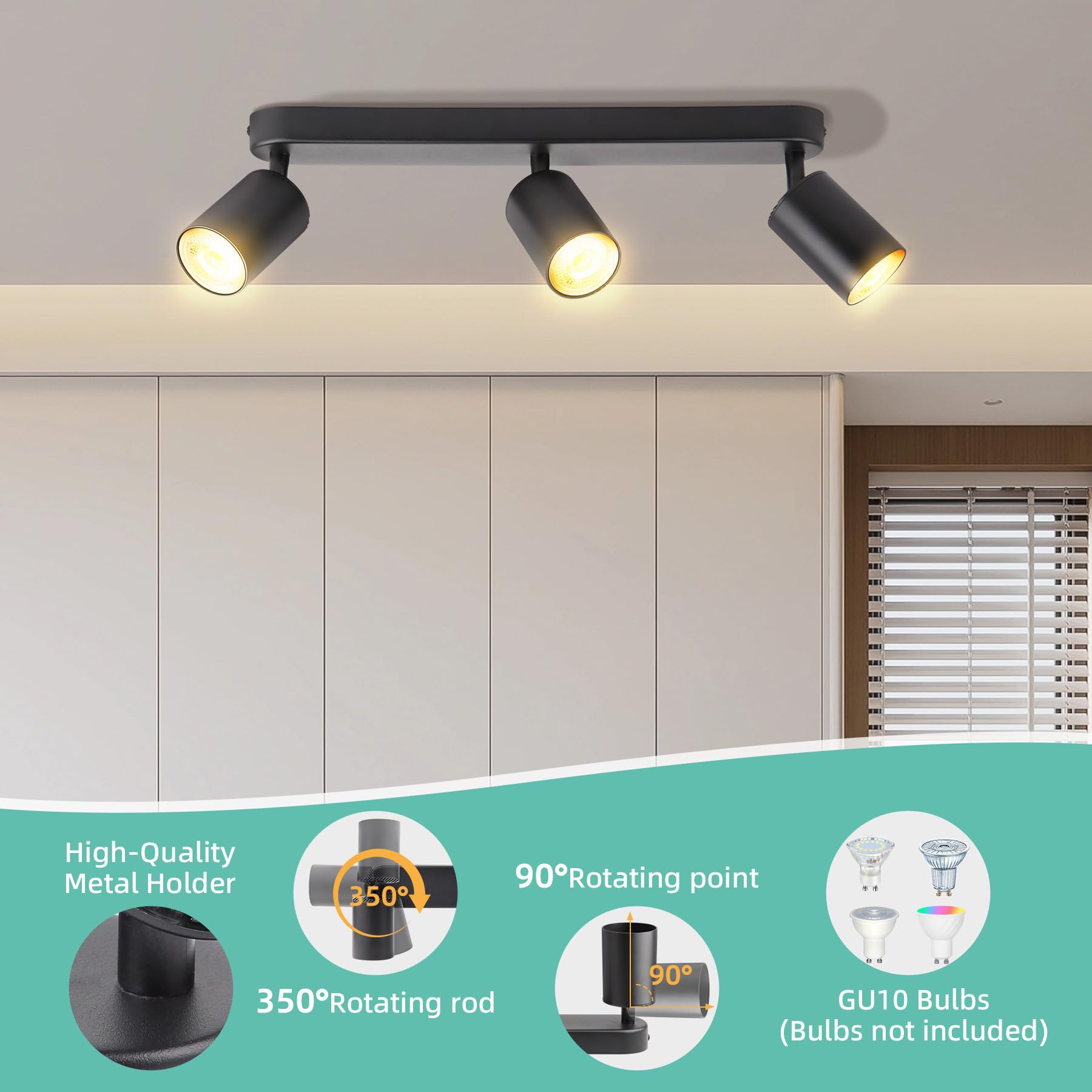 SILAMPDI 3 Way Ceiling Spotlights GU10 Rotatable LED Ceiling Light Fitting Black - Image 2
