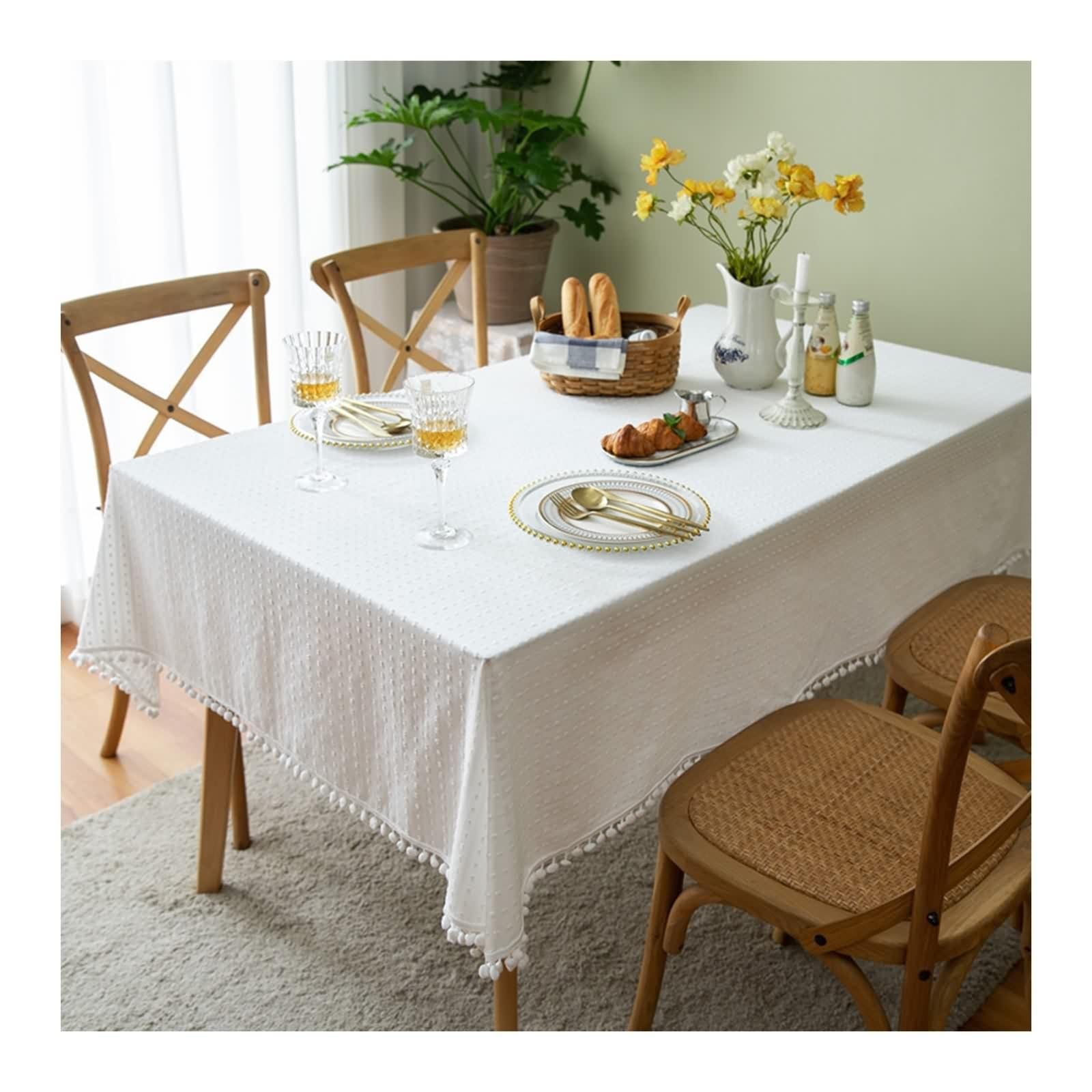 Tovaglia Bianca Cotone Elegante, Tovaglia Tavolo Festa Striscia con Nappa Copritavolo 140X180CM per Compleanno Matrimonio