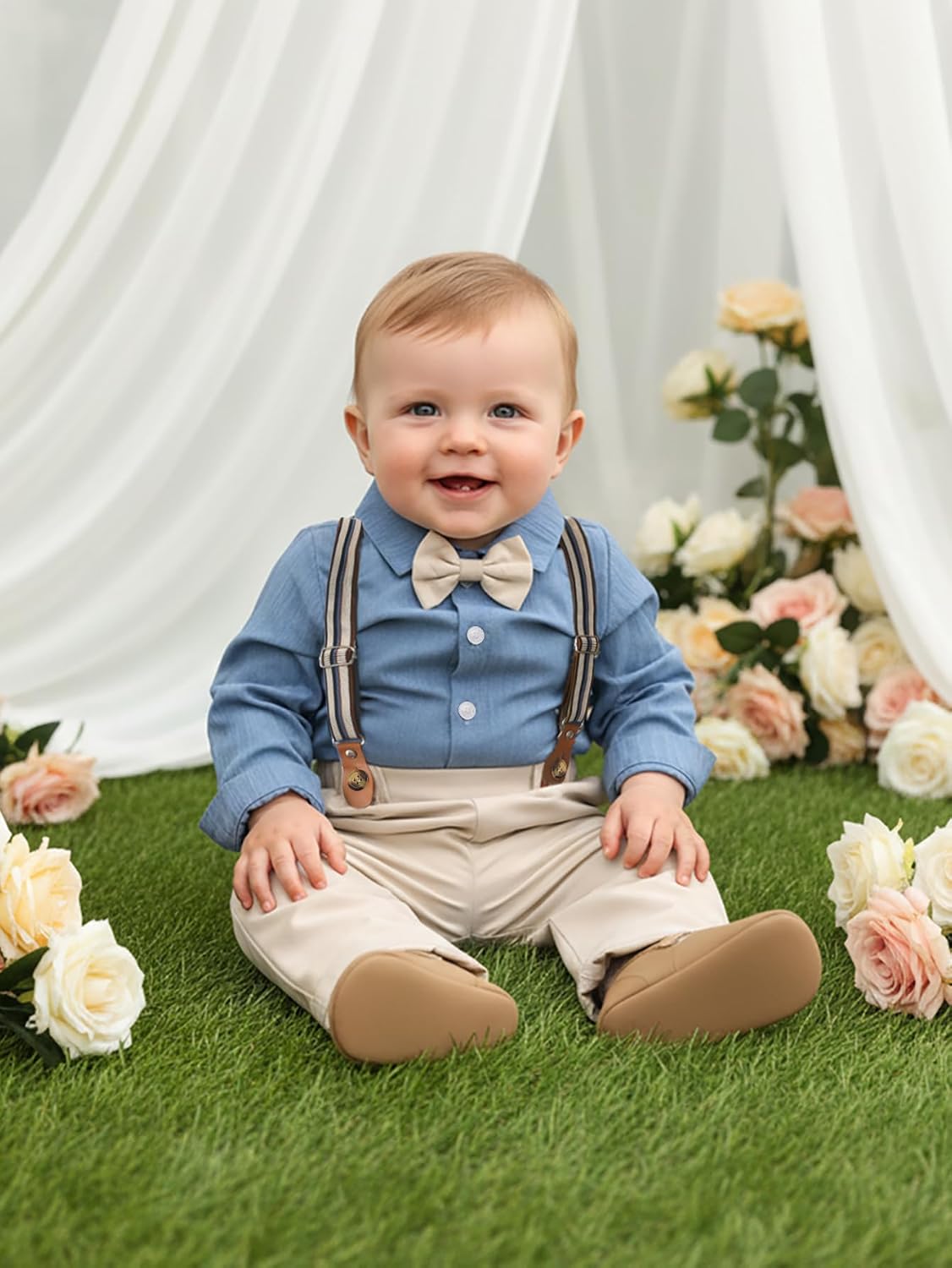 Boarnseorl Baby Boys Pants Sets, Infant Long Sleeve Shirt + Pants + Bow Tie + Suspenders Outfits