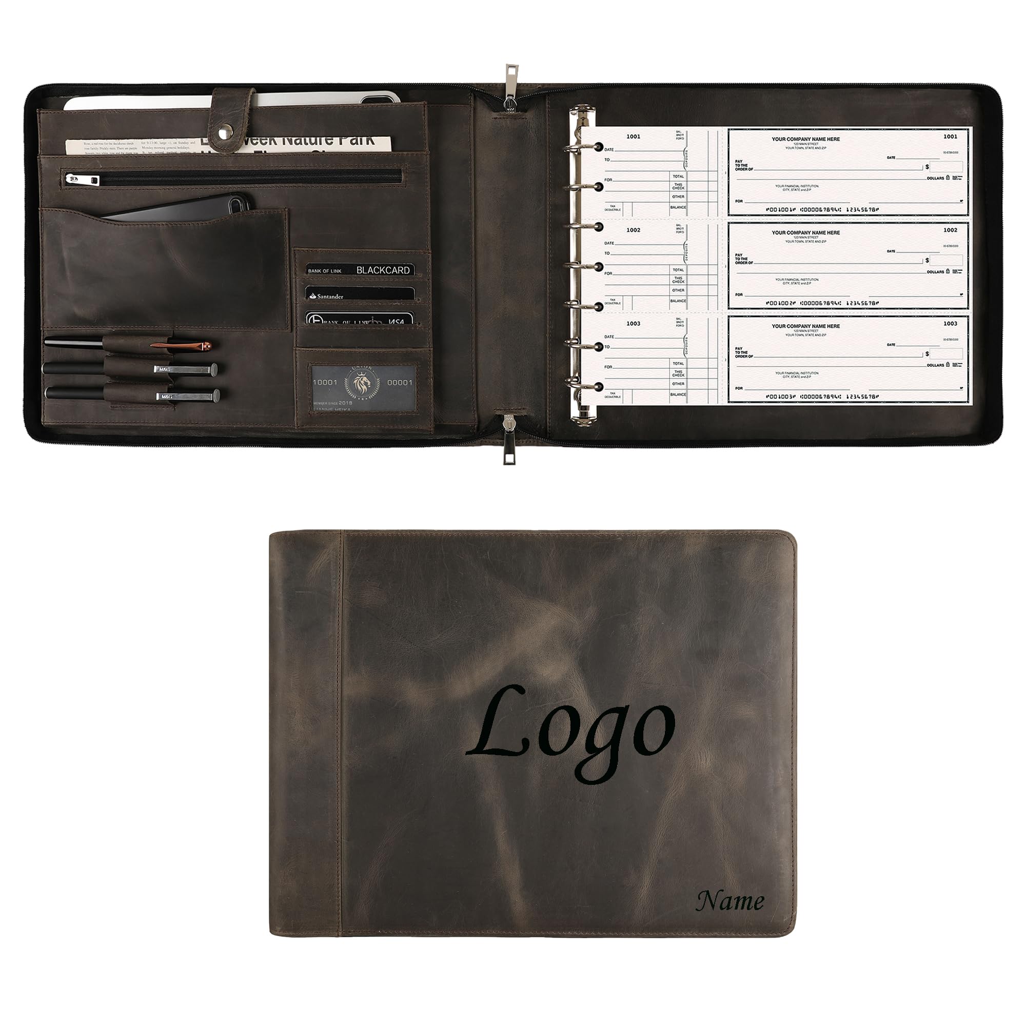 DUKE&COW Leather Business Check Binder - Zippered, 7 Ring, 600 Checks Capacity, 9 x 13 inch Sheets, Grey