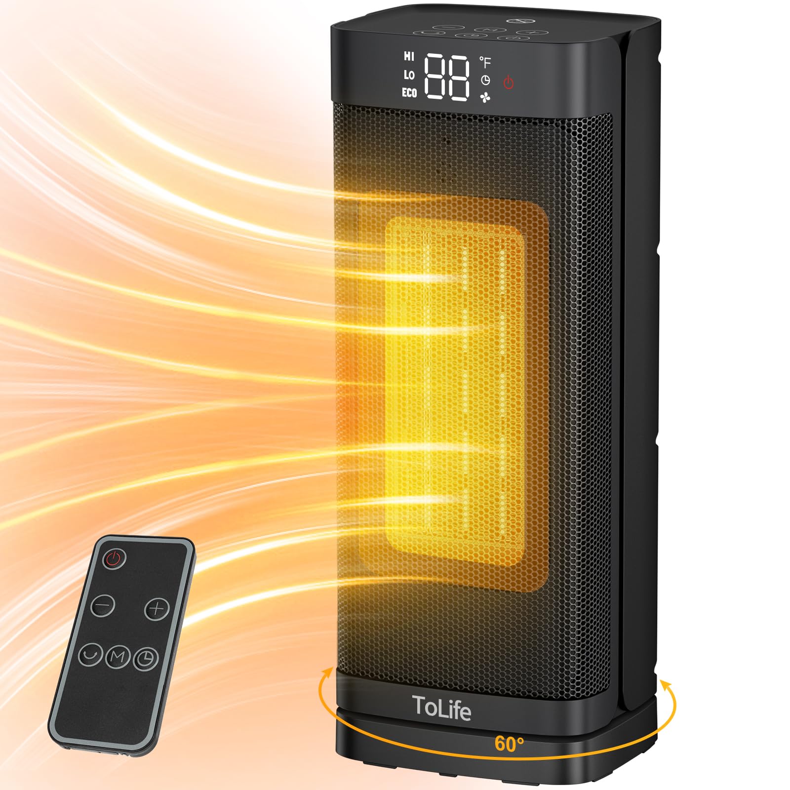 Space Heater Indoor with Thermostat, 1500W PTC Electric Heater, 60°Oscillating, 4 Modes, 12h Timer, Safety Protection, Portable Heater for Home Office Indoor Use Heat Up 270 Square Feet, Black