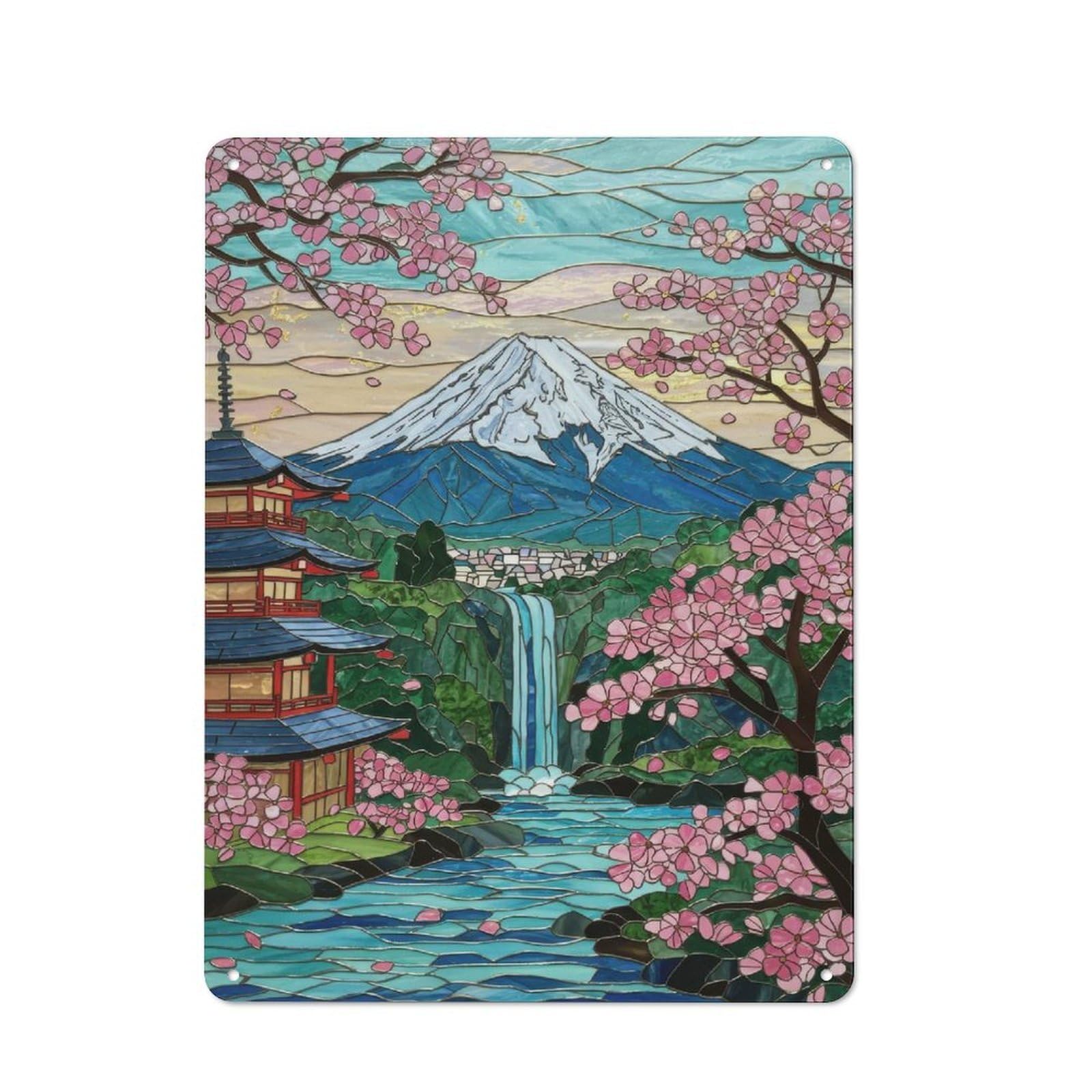 Junmoney Style-18 Tin Wall Plaque 40X30cm With Mount Fuji Stained Glass For Workshop Wall, Housewarming Wall Decor For People Furnishing Workshop