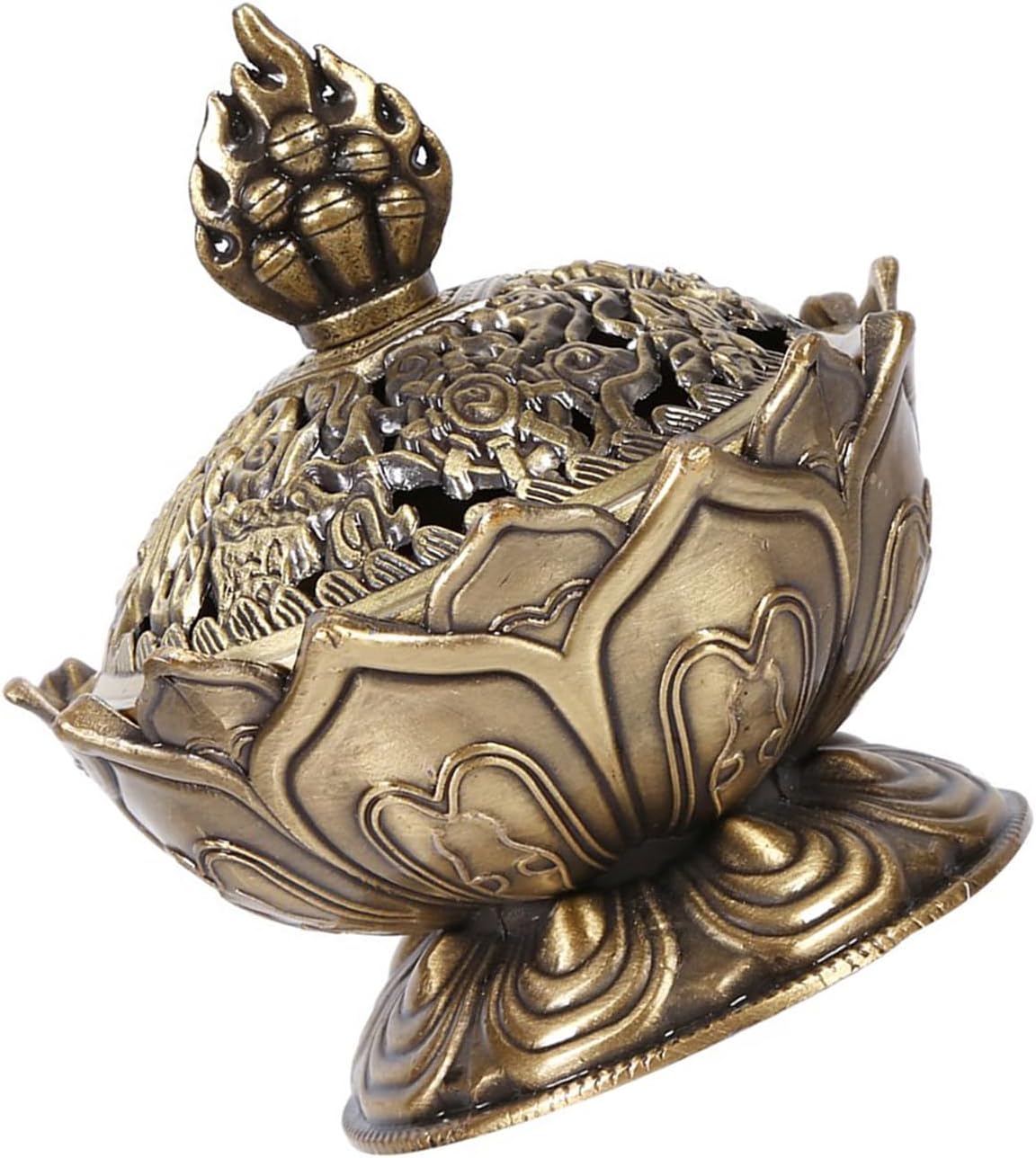 Flower Shape Vintage Smoke Incense Burner Cone Holder, Hand Carved, Chinese Culture, Home Decoration for Meditation, Aid Sleeping (Bronze)