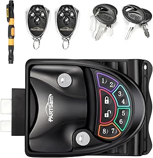 2023 New Upgraded RV Door Lock, Partsam Keyless Entry RV Door Latch Remote Control, Colorful Password Keypad, Mechanical Key All Metal Trailer Door Latch Handle Black, Only Fit 3.75"x2.75" Lock Hole
