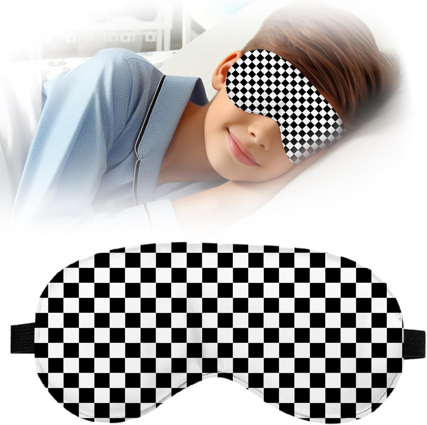 Kids Sleep Mask,Teen Cartoon Cool Sleep Mask for Boys Girls with Soft and Smooth Adjustable Strap,Black and White Checkered