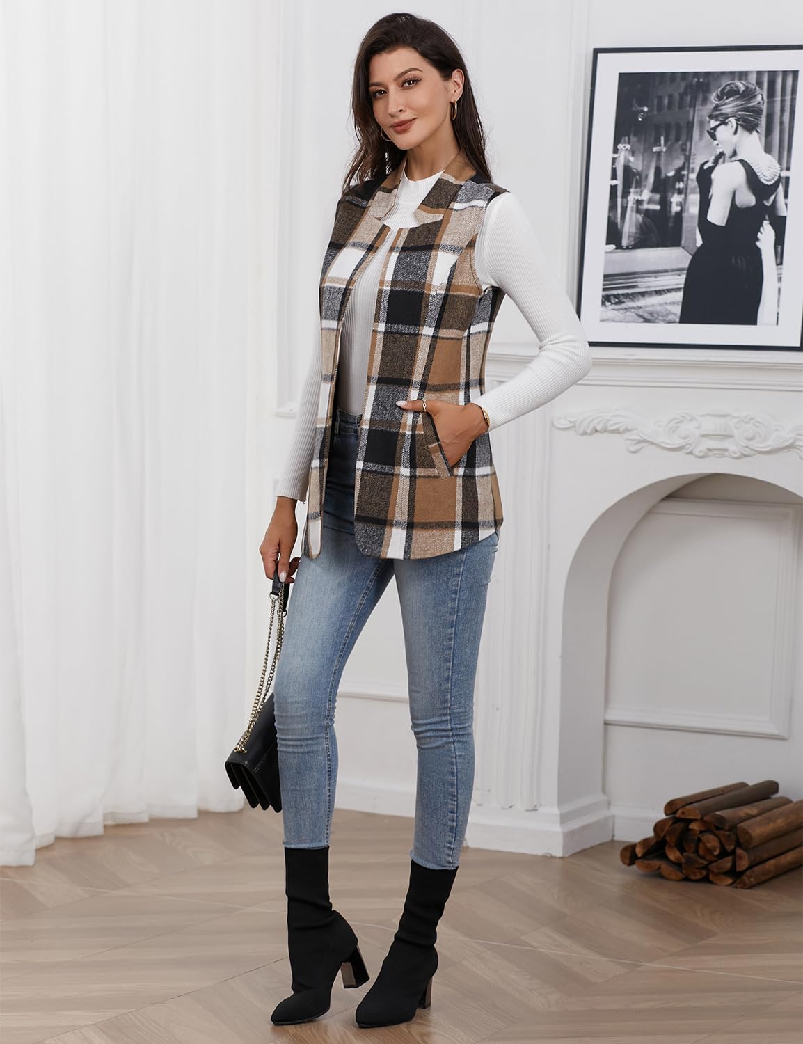 IDEALSANXUN Wool Plaid Vest for Women 2025 Fall Winter Sleeveless Blazer Jackets Trench Coat Casual Outwear Open Front Cardigan Top, Brown, S - Image 6