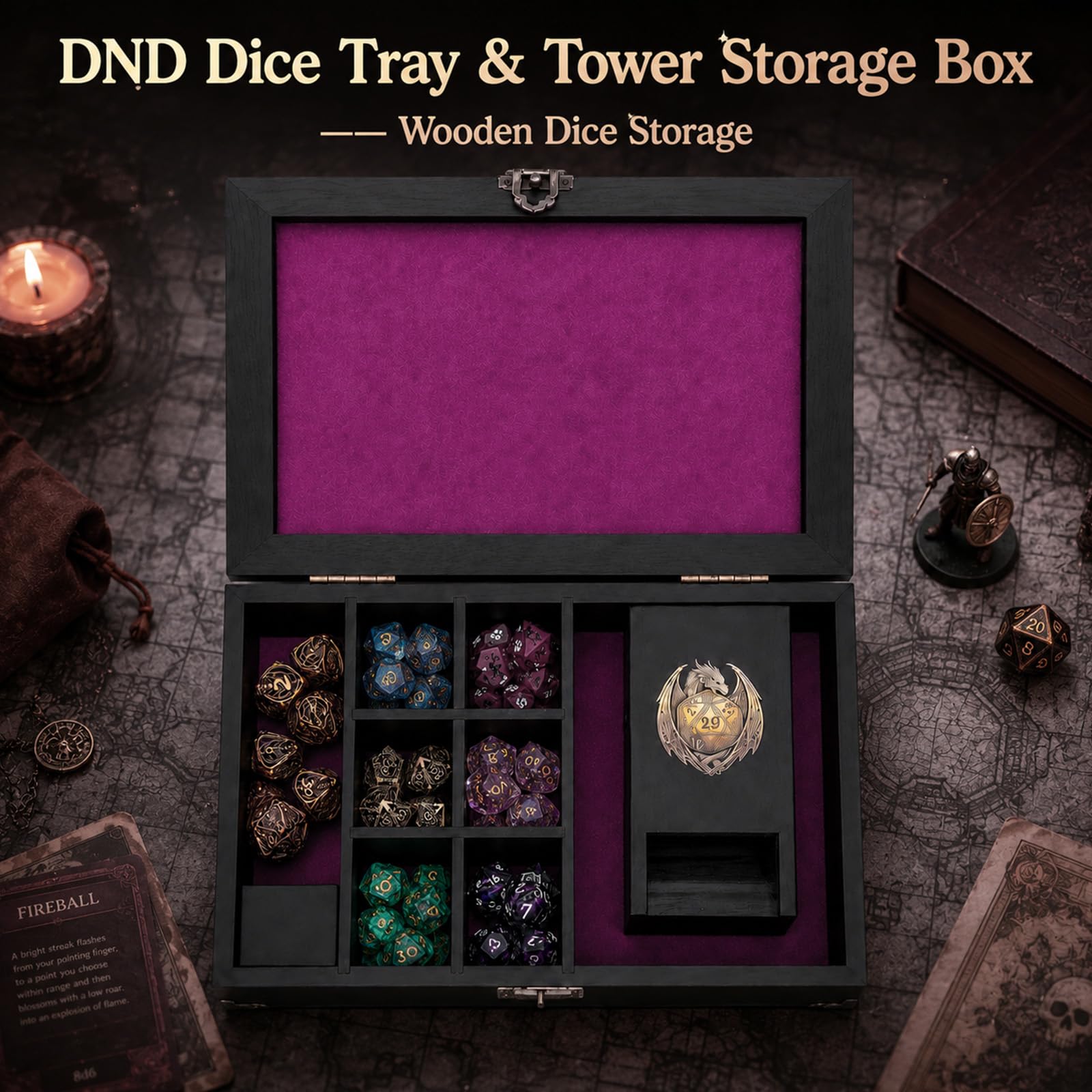 Plateau à dés et tour de rangement – Étui de rangement en bois pour dés – Accessoires de RPG pour jeux de société D&D, cadeaux de joueur (violet)